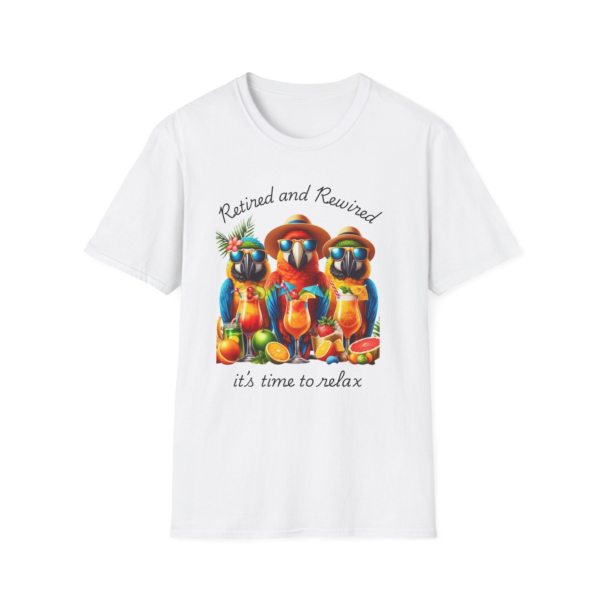 White t-shirt with a colorful design of parrots and text on a white background