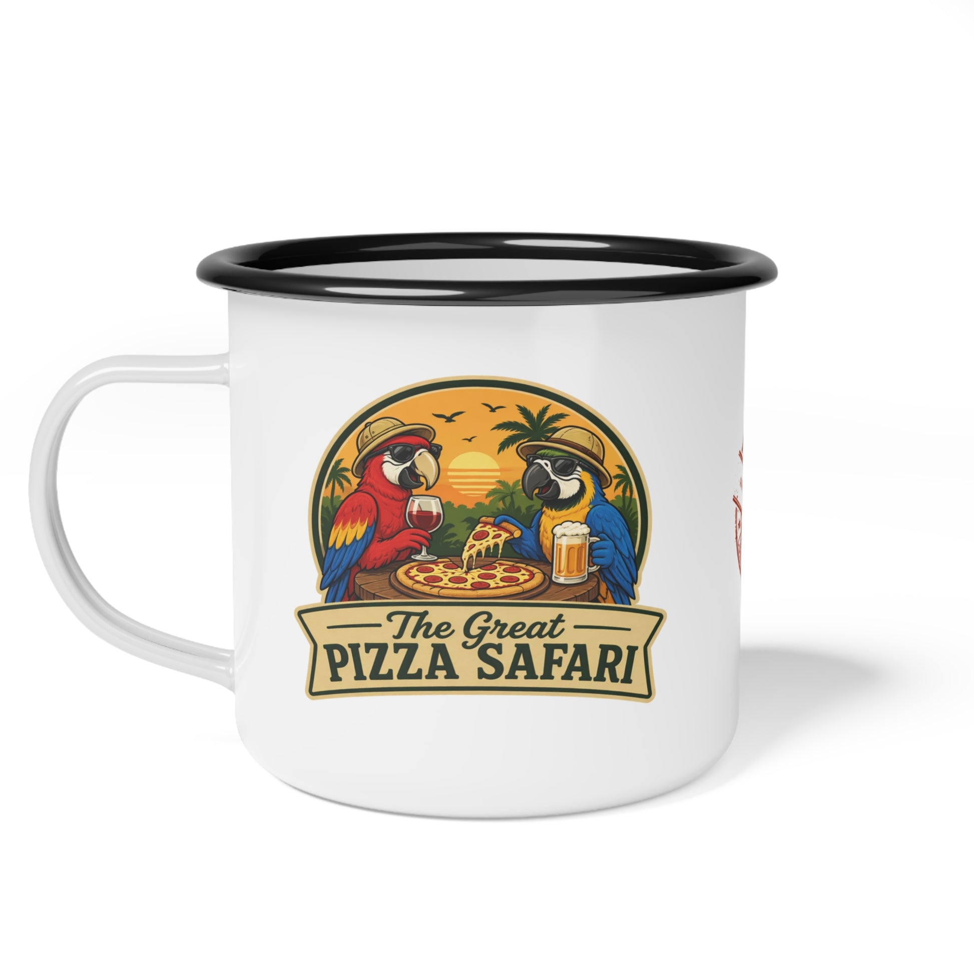 Enamel Camp Cup — "The Great Pizza Safari" Parrot Camping Mug