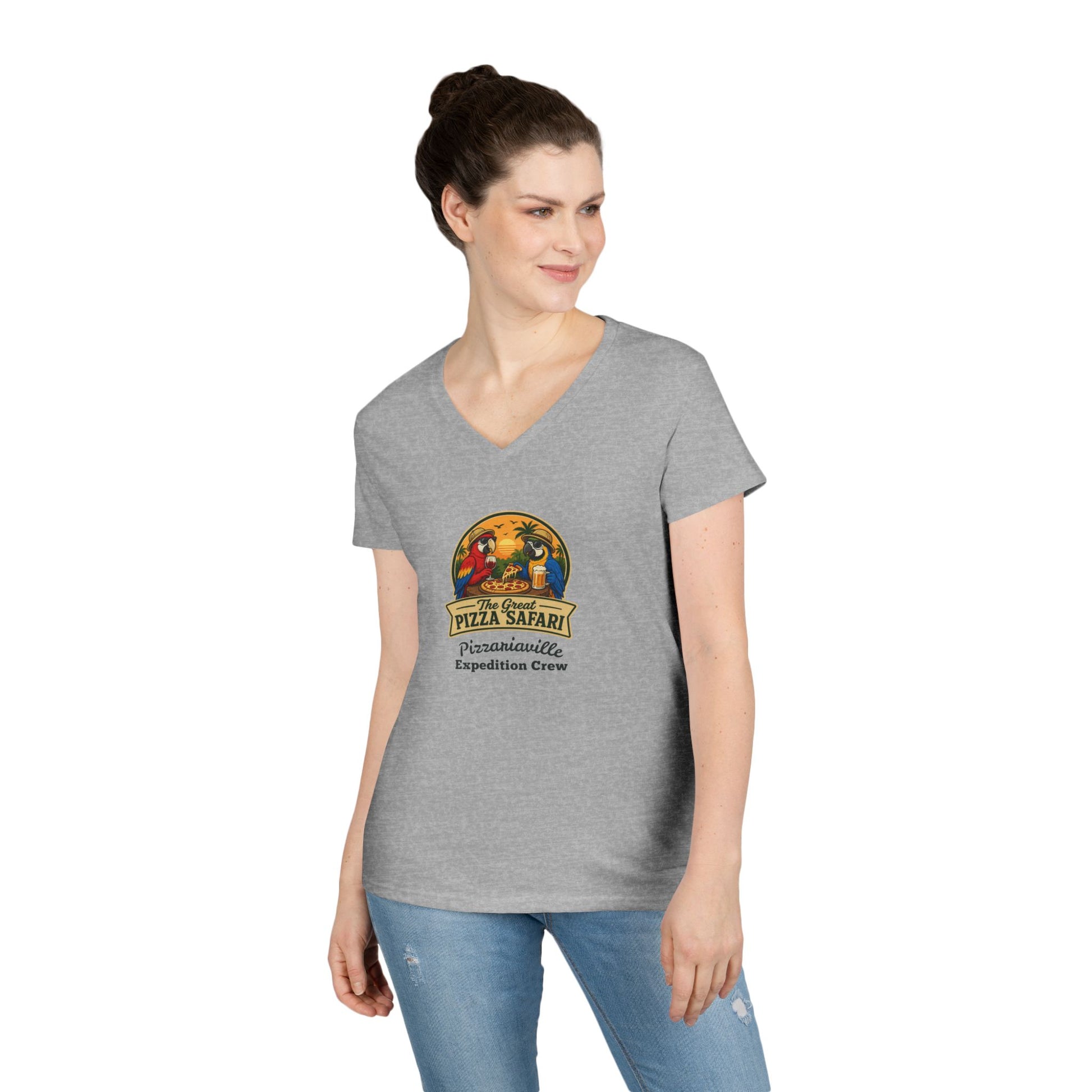 Pizza Safari Ladies' V-Neck T-Shirt — 'Pizzariaville Expedition Crew' Retro Travel Tee
