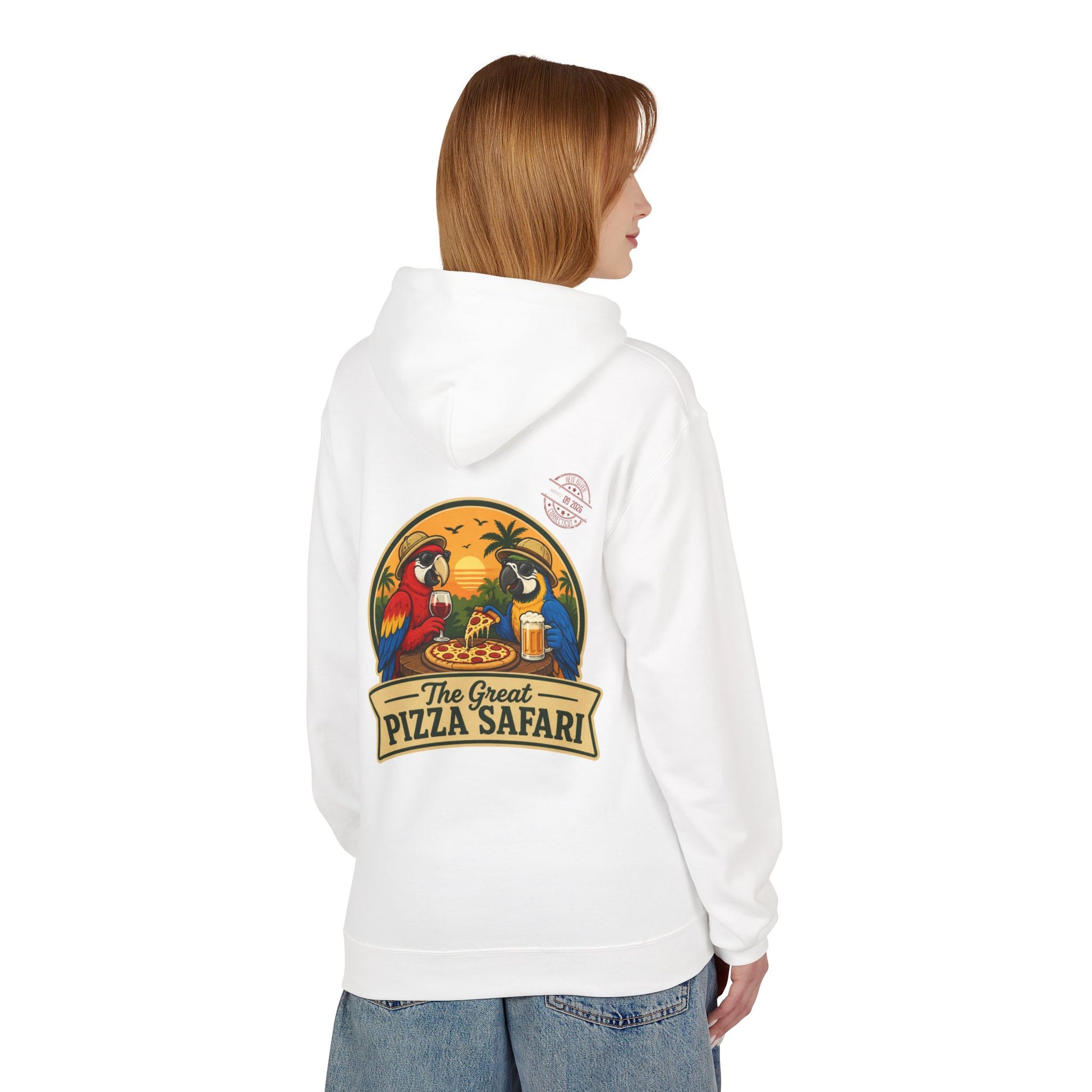 Pizza Safari Hoodie — "The Great Pizza Safari" Tropical Parrot Pizza Graphic