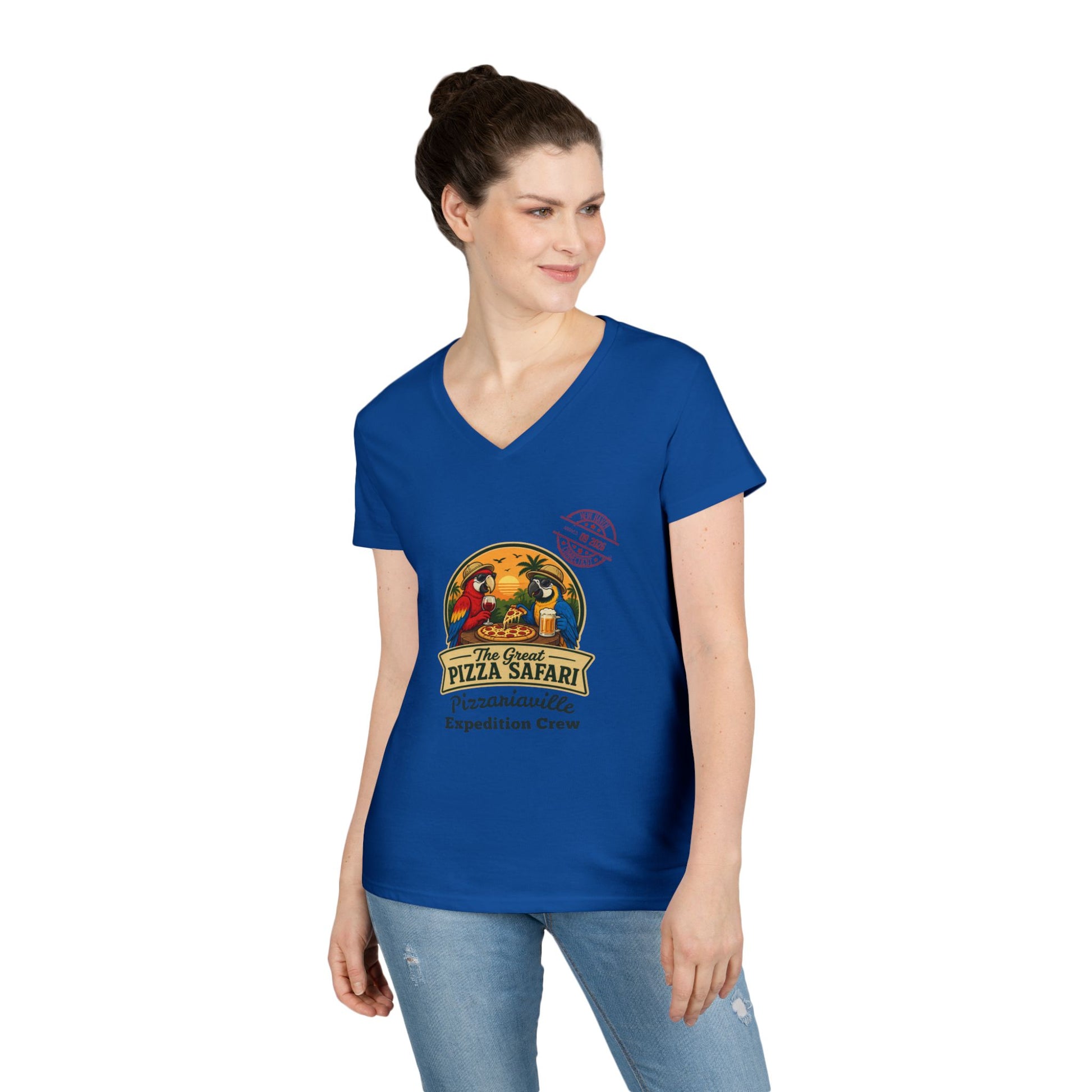 Pizza Safari Ladies' V-Neck T-Shirt — 'Pizzariaville Expedition Crew' Retro Travel Tee