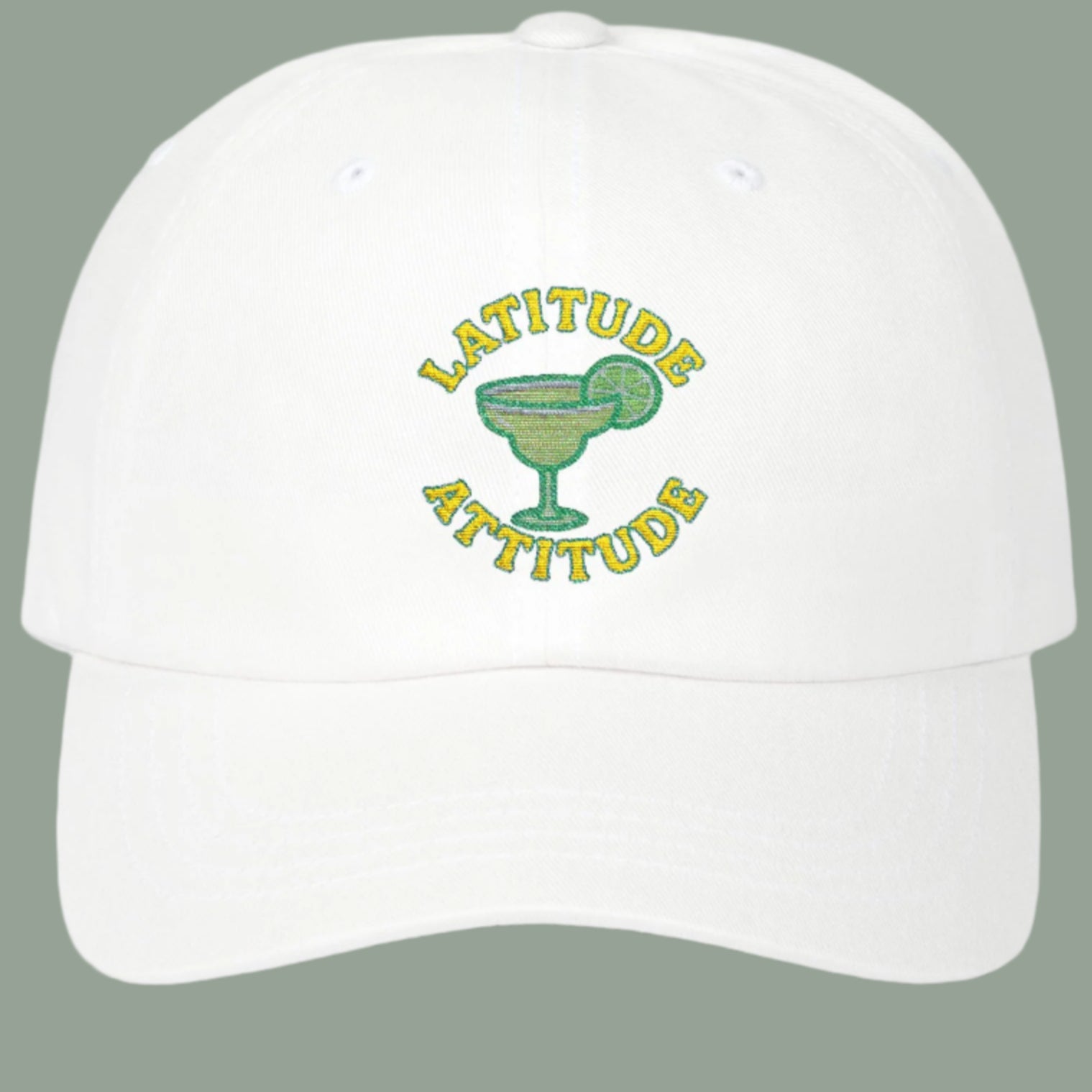 White cap with 'Latitude Attitude' and margarita graphic on a white background