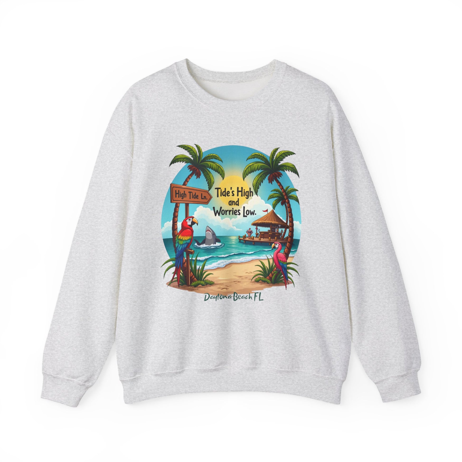 Gray sweatshirt with a tropical beach graphic on a white background
