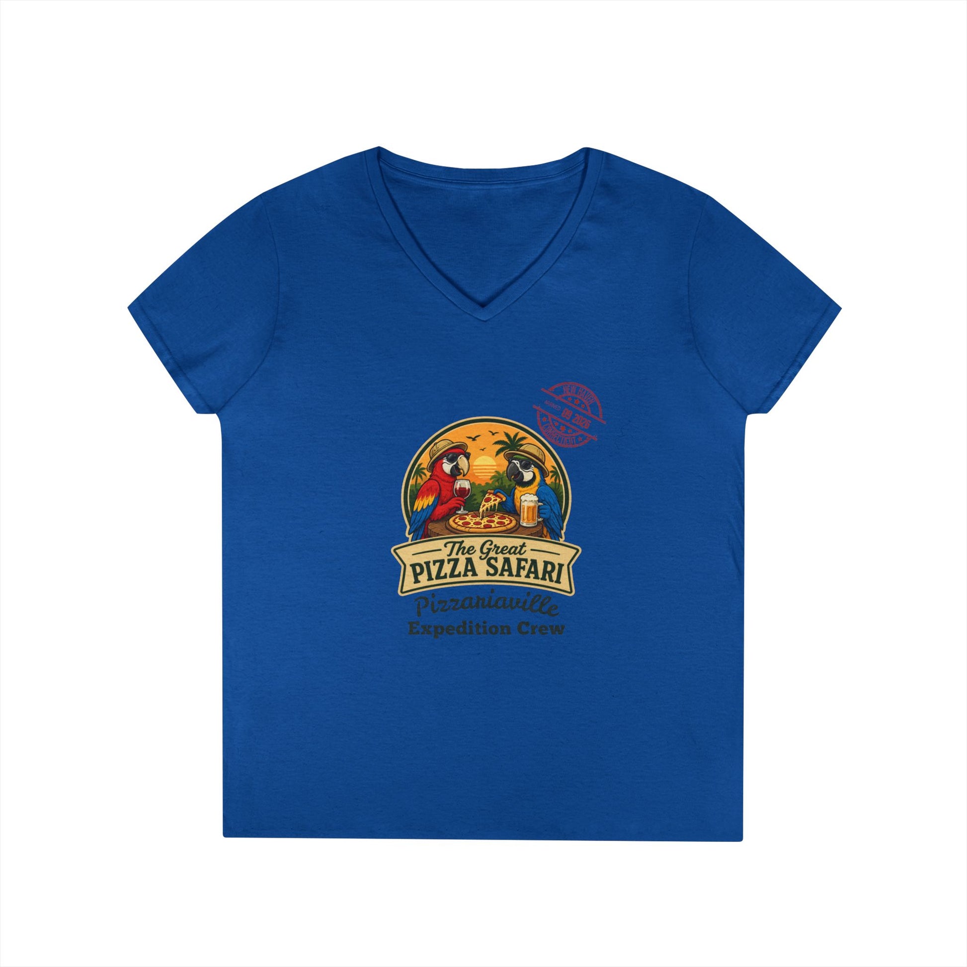 Pizza Safari Ladies' V-Neck T-Shirt — 'Pizzariaville Expedition Crew' Retro Travel Tee