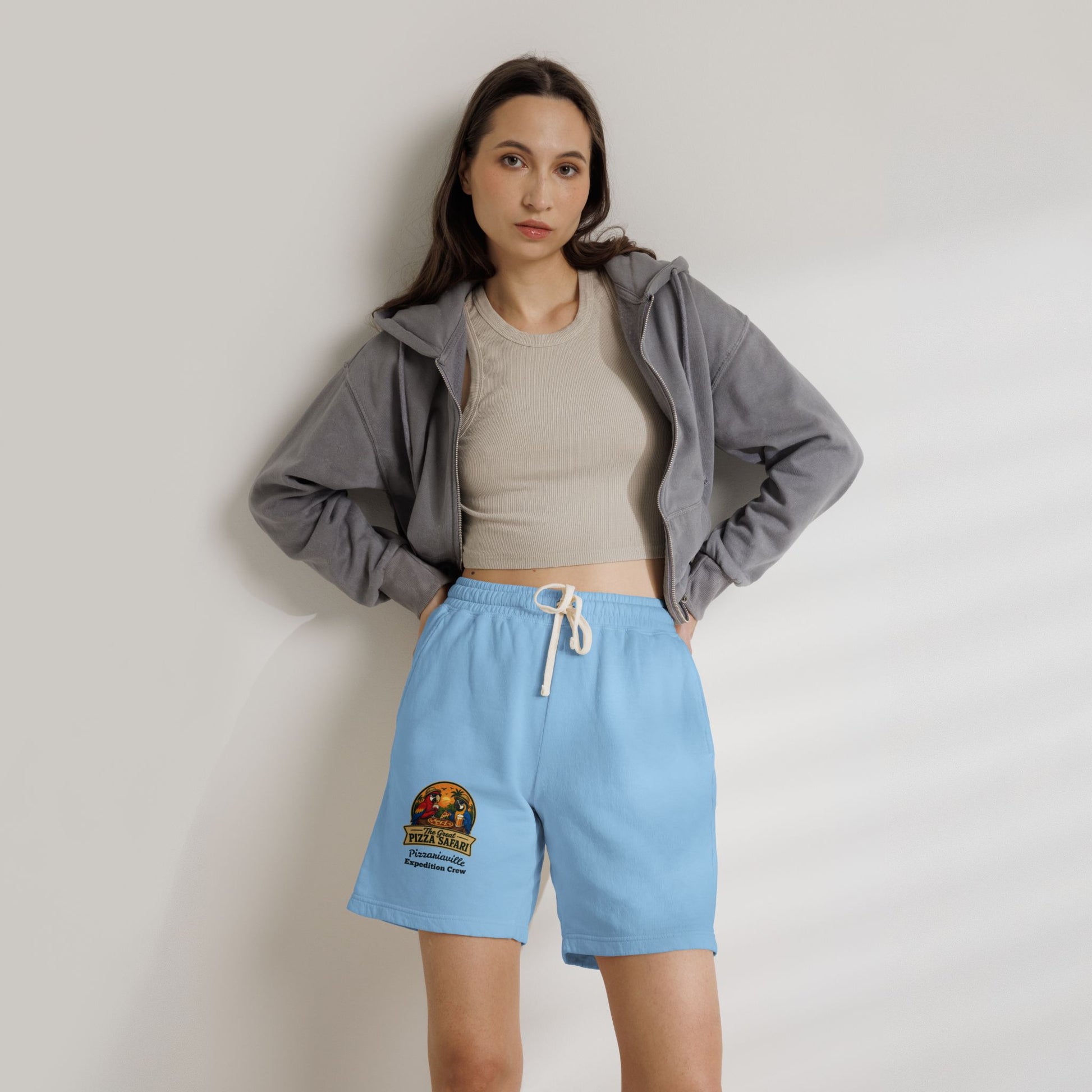 Unisex  Lightweight Garment-Dyed Fleece Sweat Shorts with Retro Pizza Safari Logo