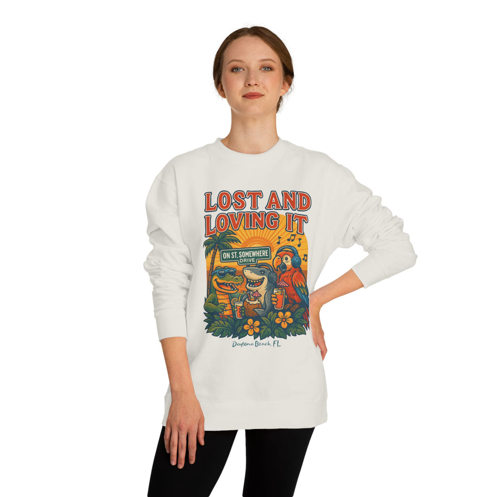 St. Somewhere Dr. Lost and Loving It Crewneck Sweatshirt — Tropical Parrot & Shark Vacation Graphic