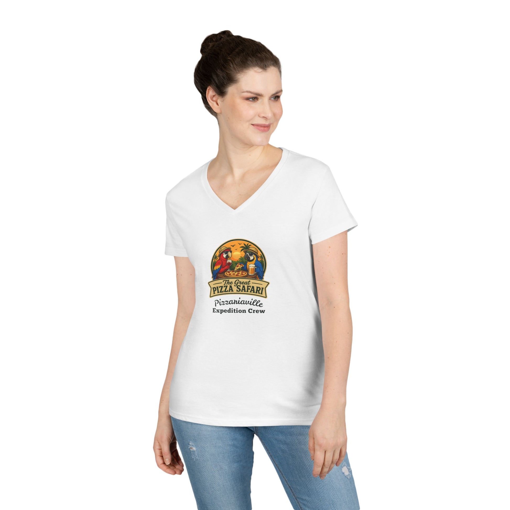 Pizza Safari Ladies' V-Neck T-Shirt — 'Pizzariaville Expedition Crew' Retro Travel Tee