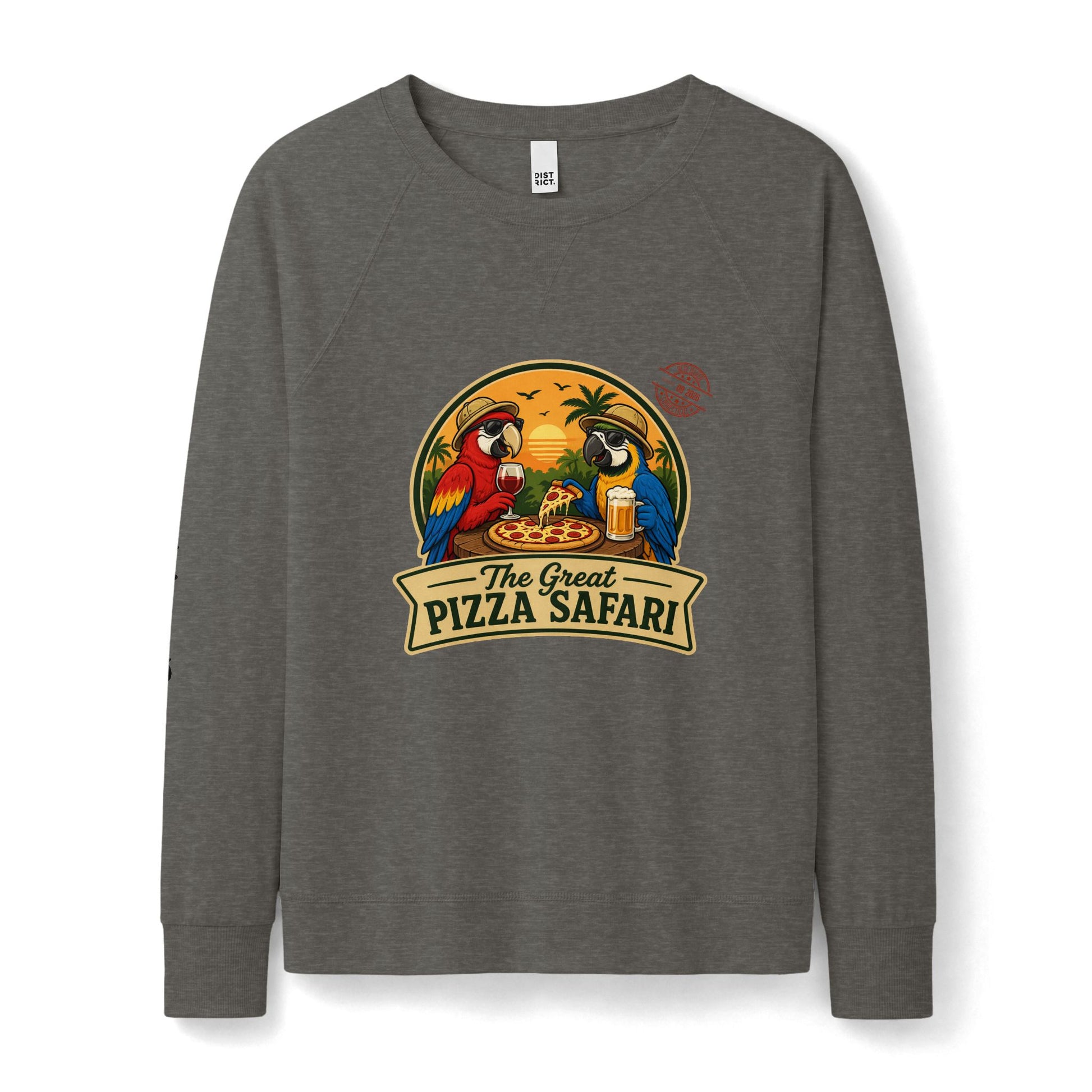 The Great Pizza Safari Crewneck French Terry — Women's Featherweight - Expedition Crew on right sleeve