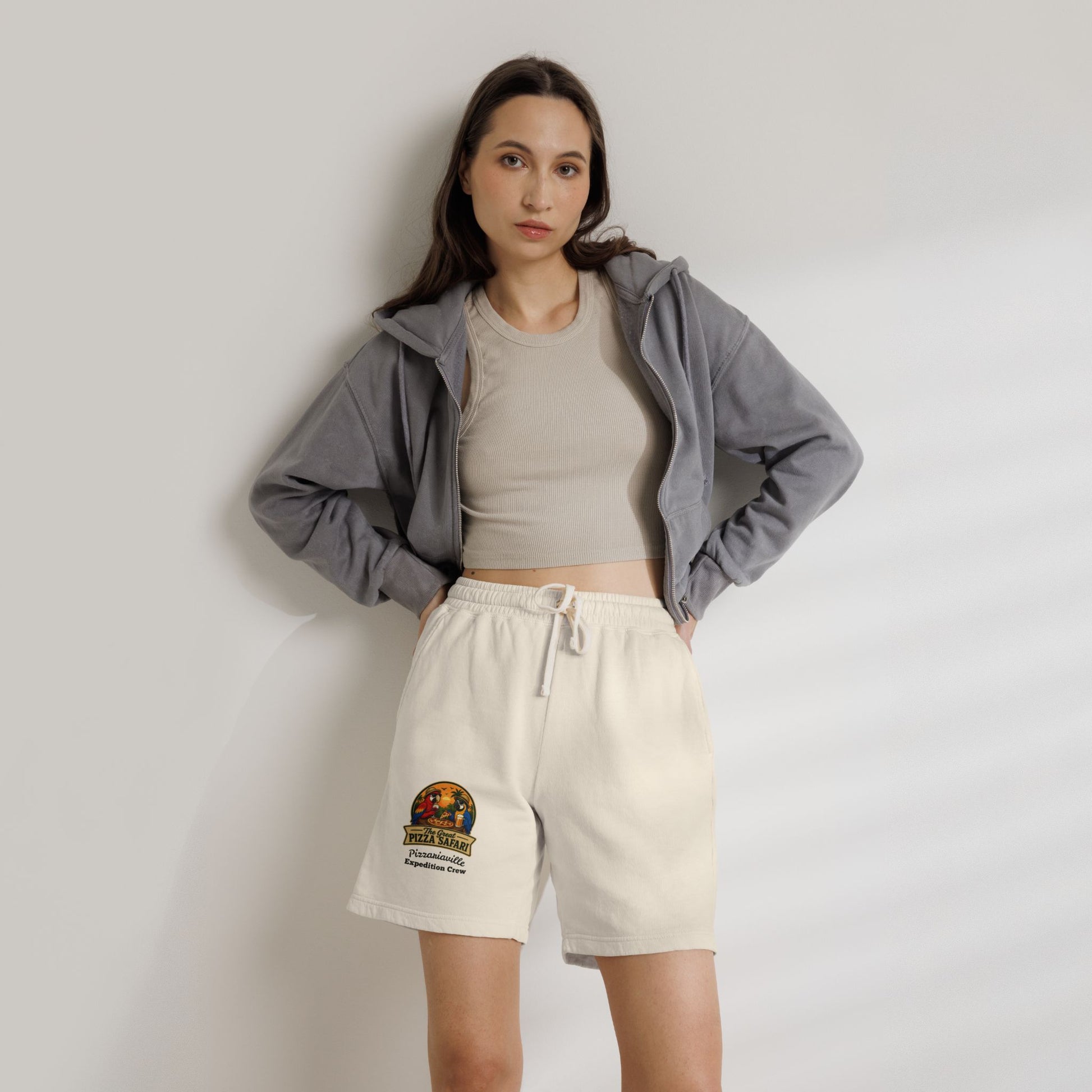 Unisex  Lightweight Garment-Dyed Fleece Sweat Shorts with Retro Pizza Safari Logo