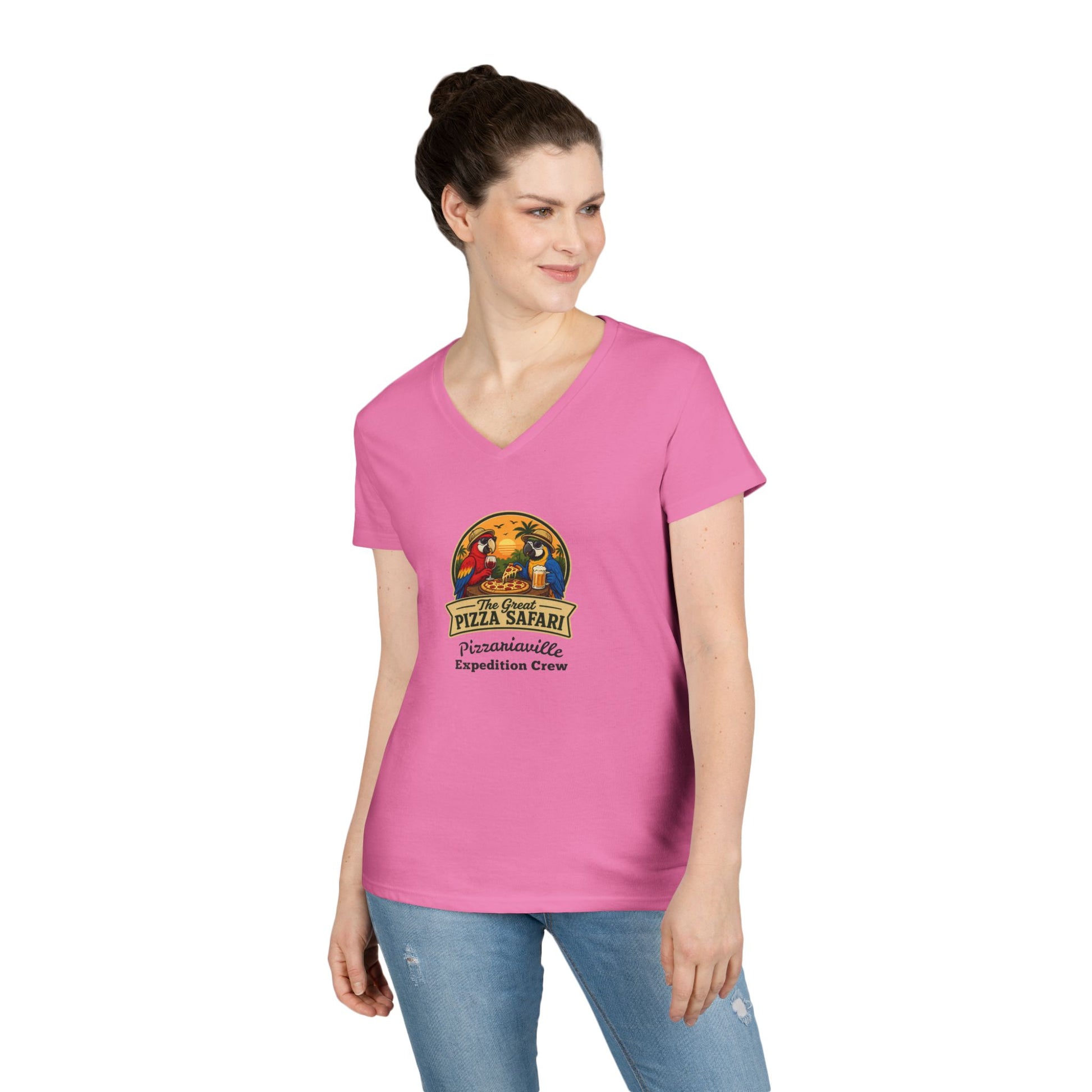 Pizza Safari Ladies' V-Neck T-Shirt — 'Pizzariaville Expedition Crew' Retro Travel Tee
