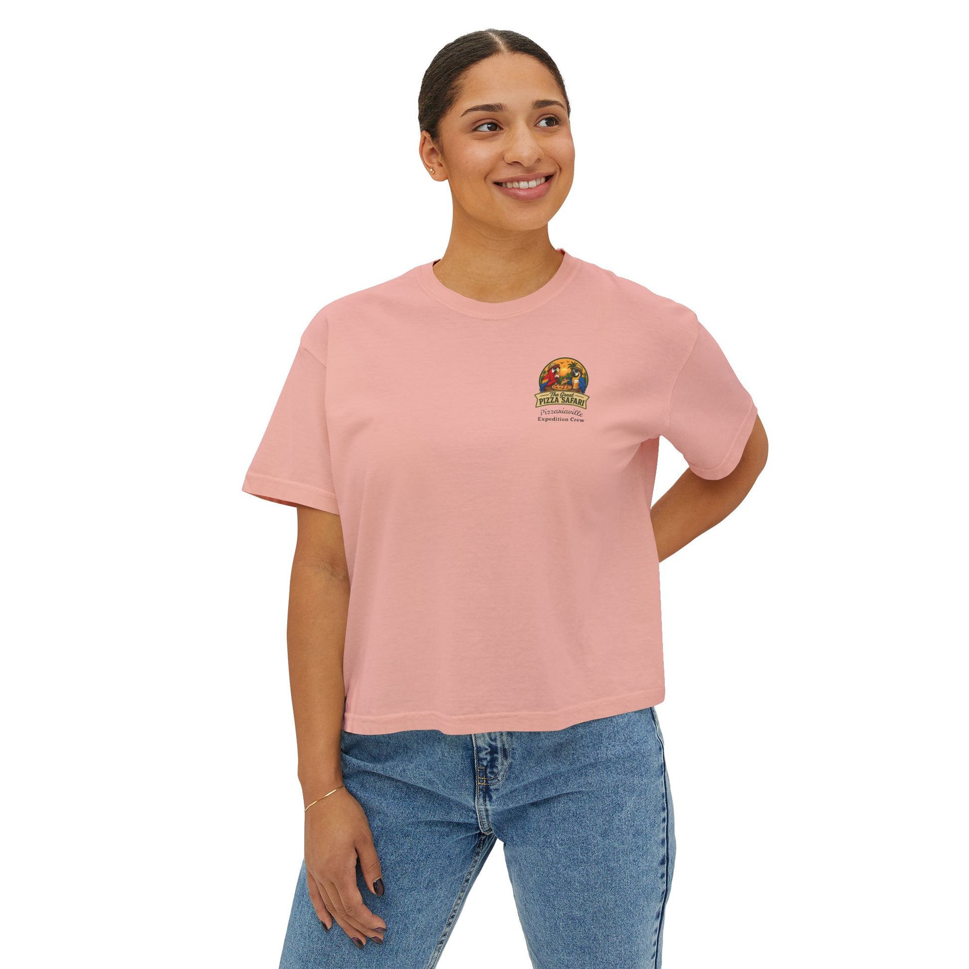 Women's Boxy Tee — The Great Pizza Safari Parrot Graphic T‑Shirt