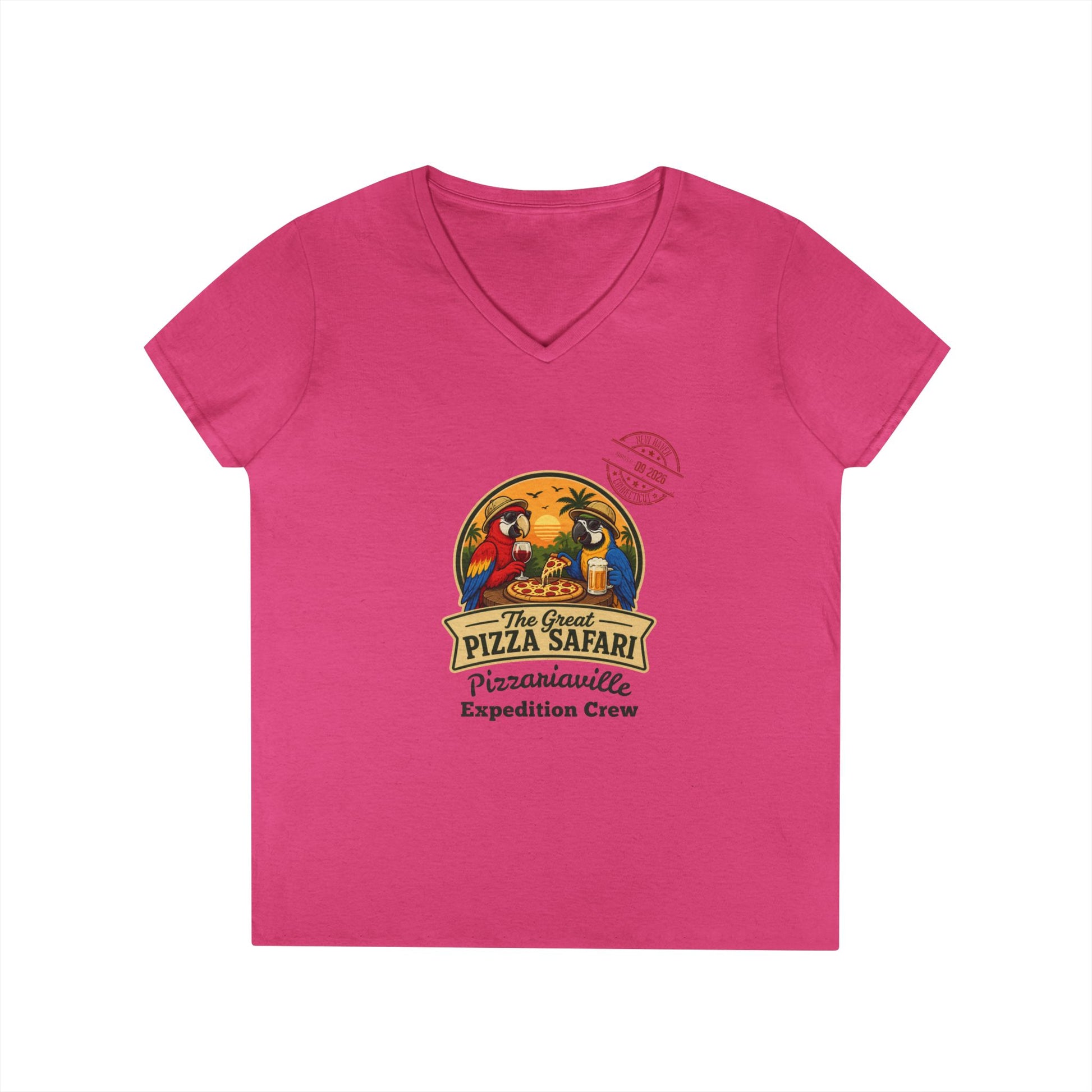 Pizza Safari Ladies' V-Neck T-Shirt — 'Pizzariaville Expedition Crew' Retro Travel Tee