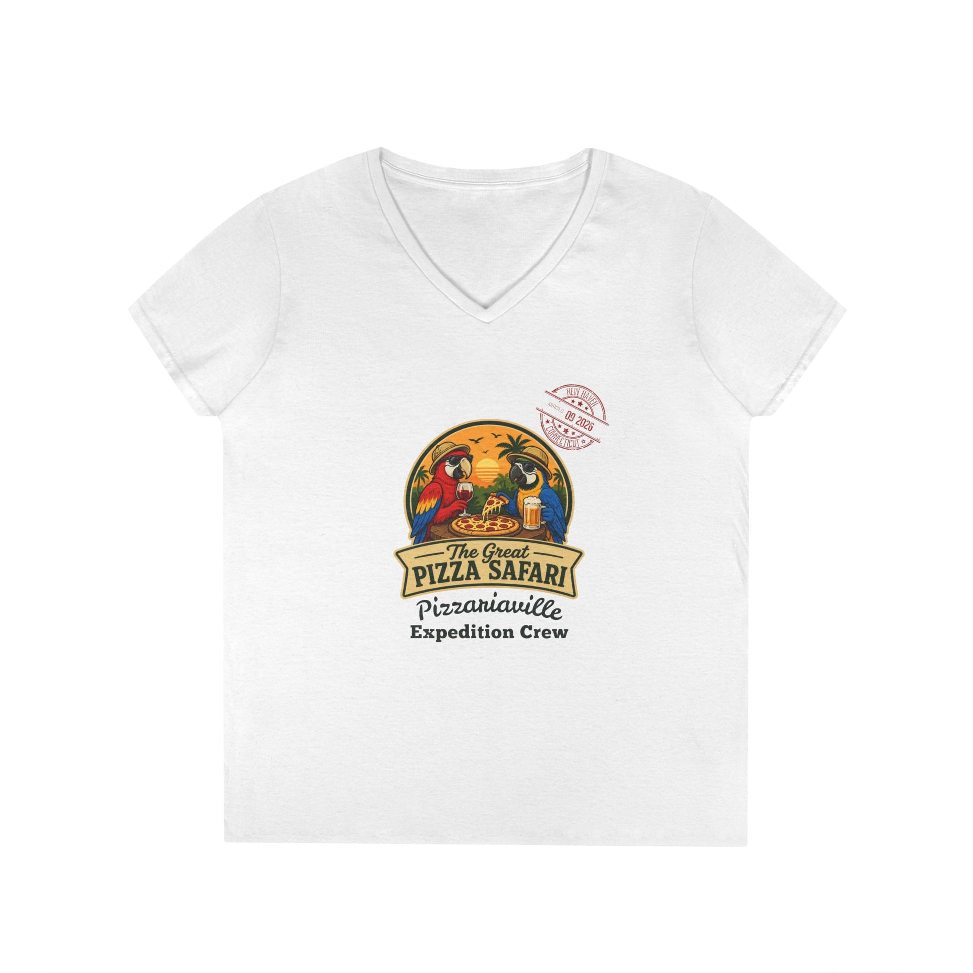 Pizza Safari Ladies' V-Neck T-Shirt — 'Pizzariaville Expedition Crew' Retro Travel Tee