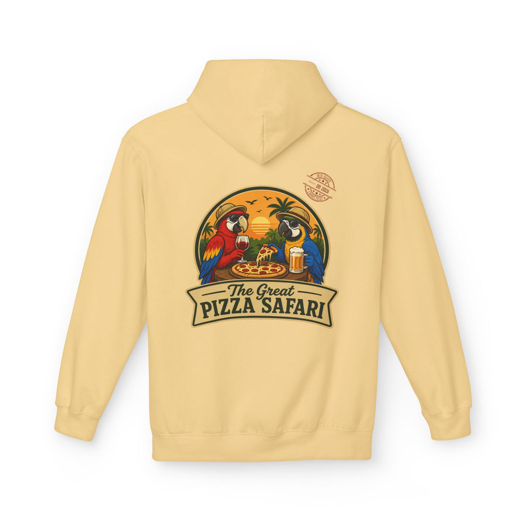Pizza Safari Hoodie — "The Great Pizza Safari" Tropical Parrot Pizza Graphic