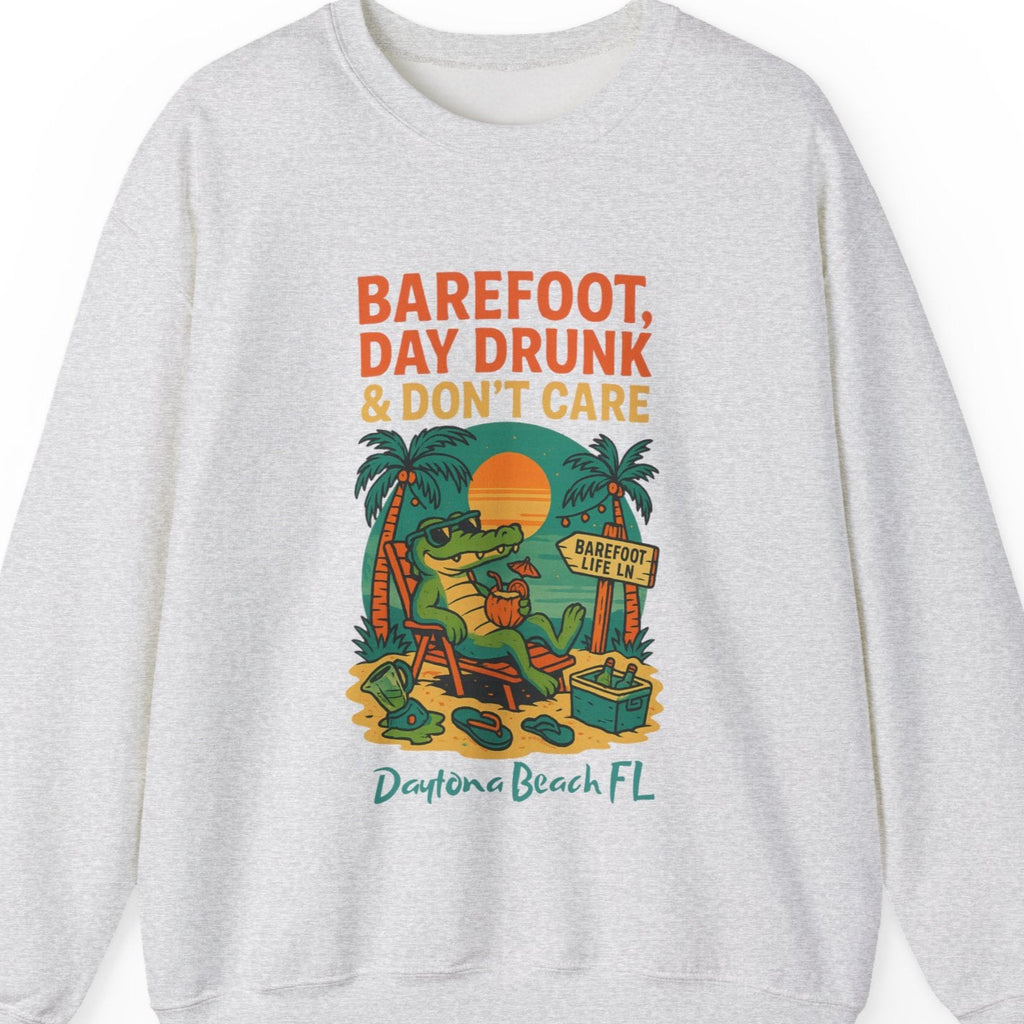 Gray sweatshirt with a graphic design featuring a crocodile and text on a white background