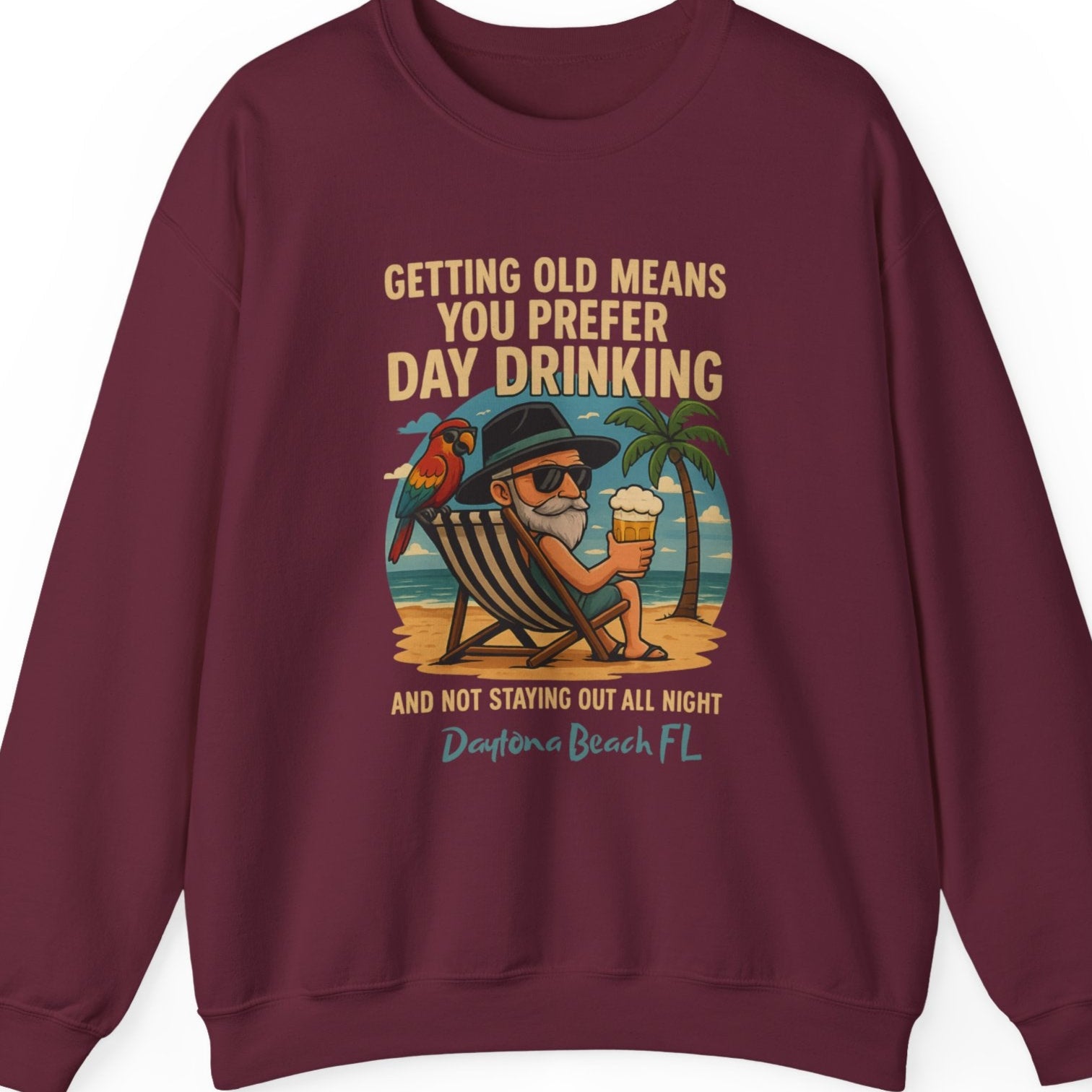 Maroon sweatshirt with a graphic design on a white background