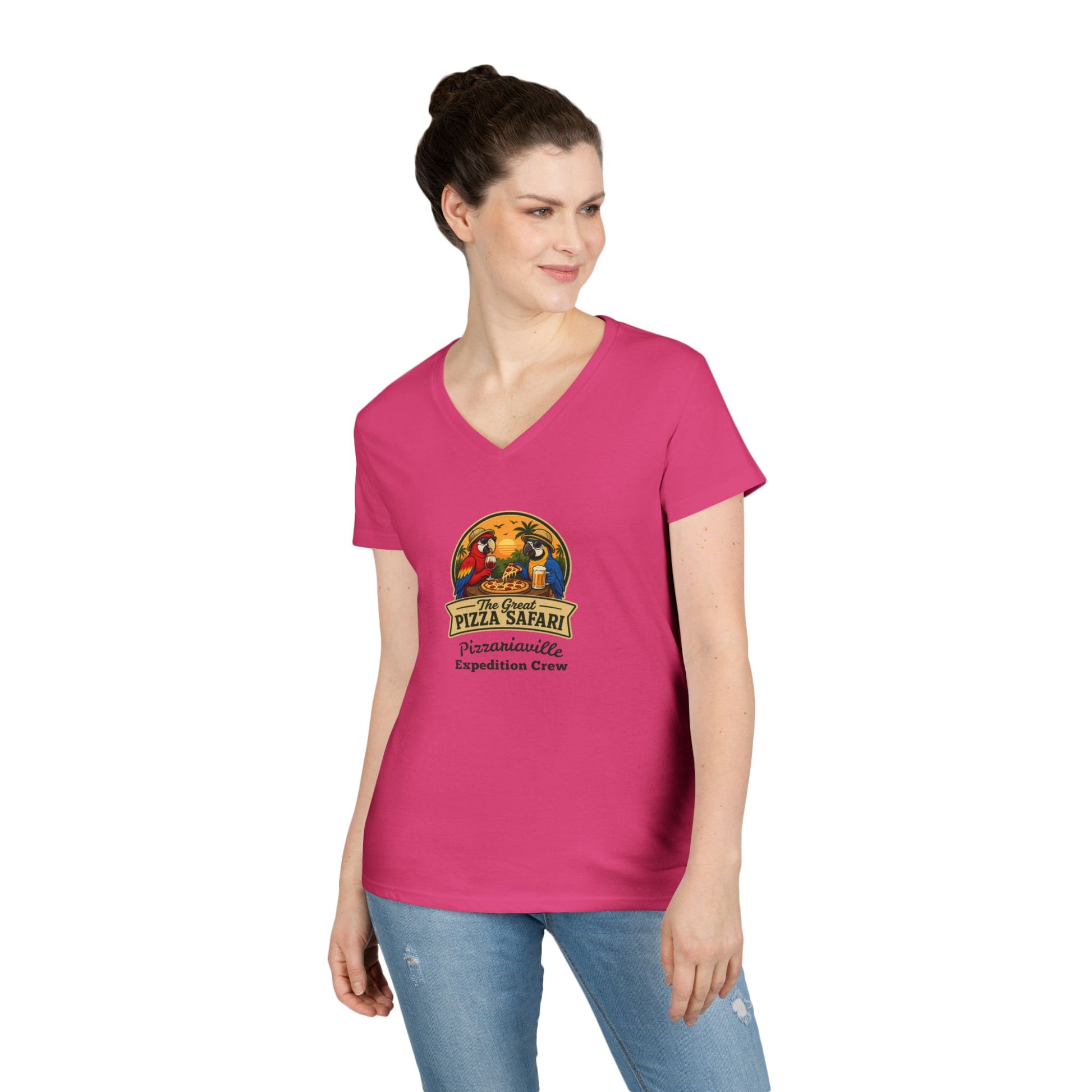 Pizza Safari Ladies' V-Neck T-Shirt — 'Pizzariaville Expedition Crew' Retro Travel Tee