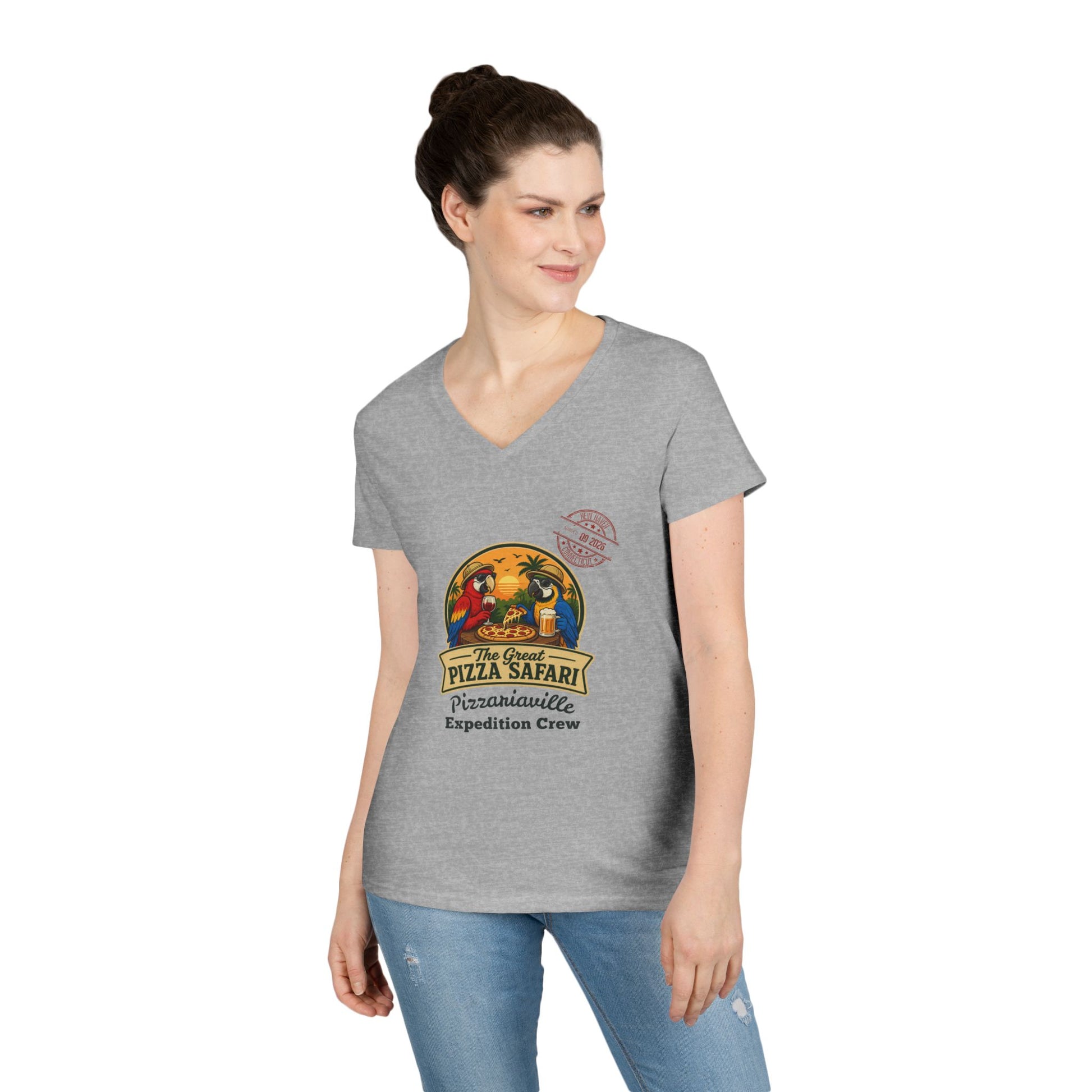 Pizza Safari Ladies' V-Neck T-Shirt — 'Pizzariaville Expedition Crew' Retro Travel Tee