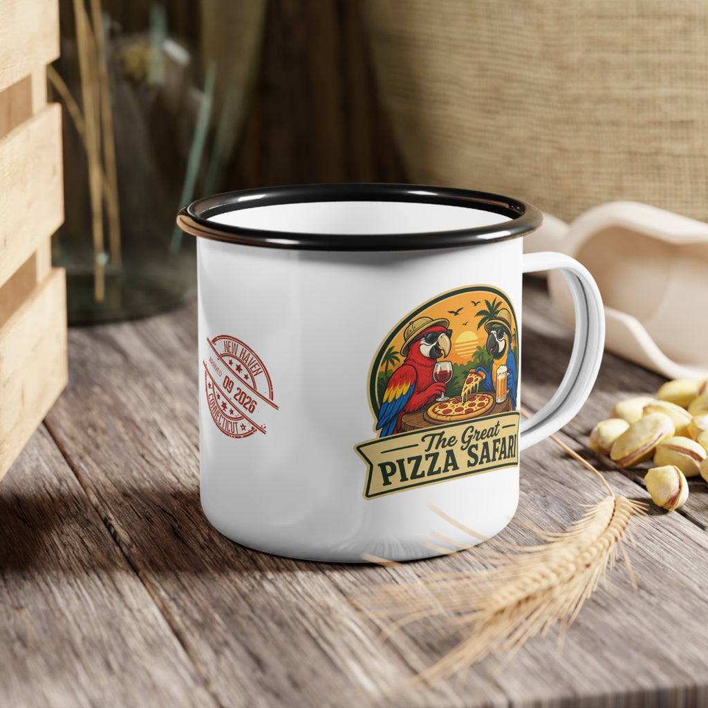 Enamel Camp Cup — "The Great Pizza Safari" Parrot Camping Mug