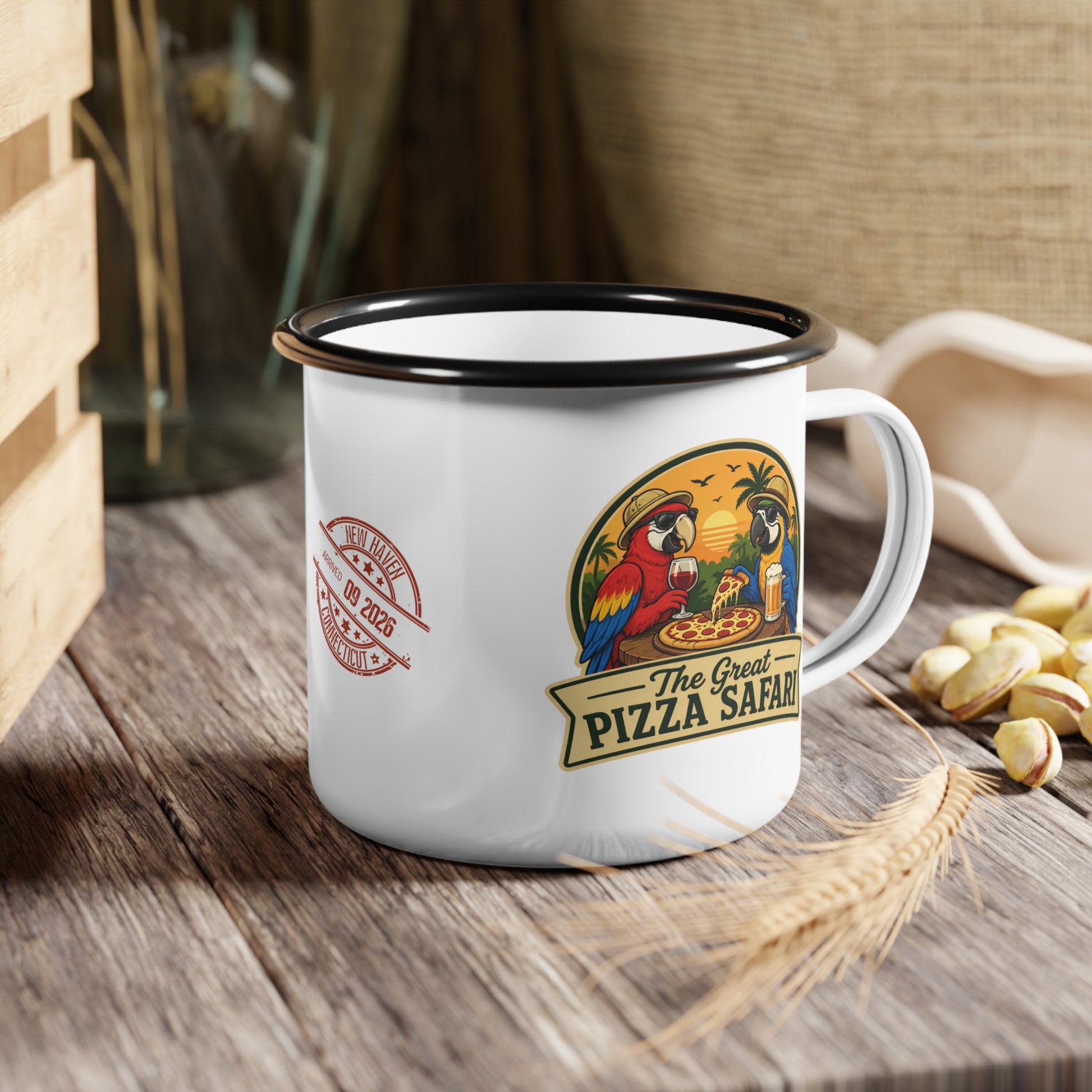 Enamel Camp Cup — "The Great Pizza Safari" Parrot Camping Mug