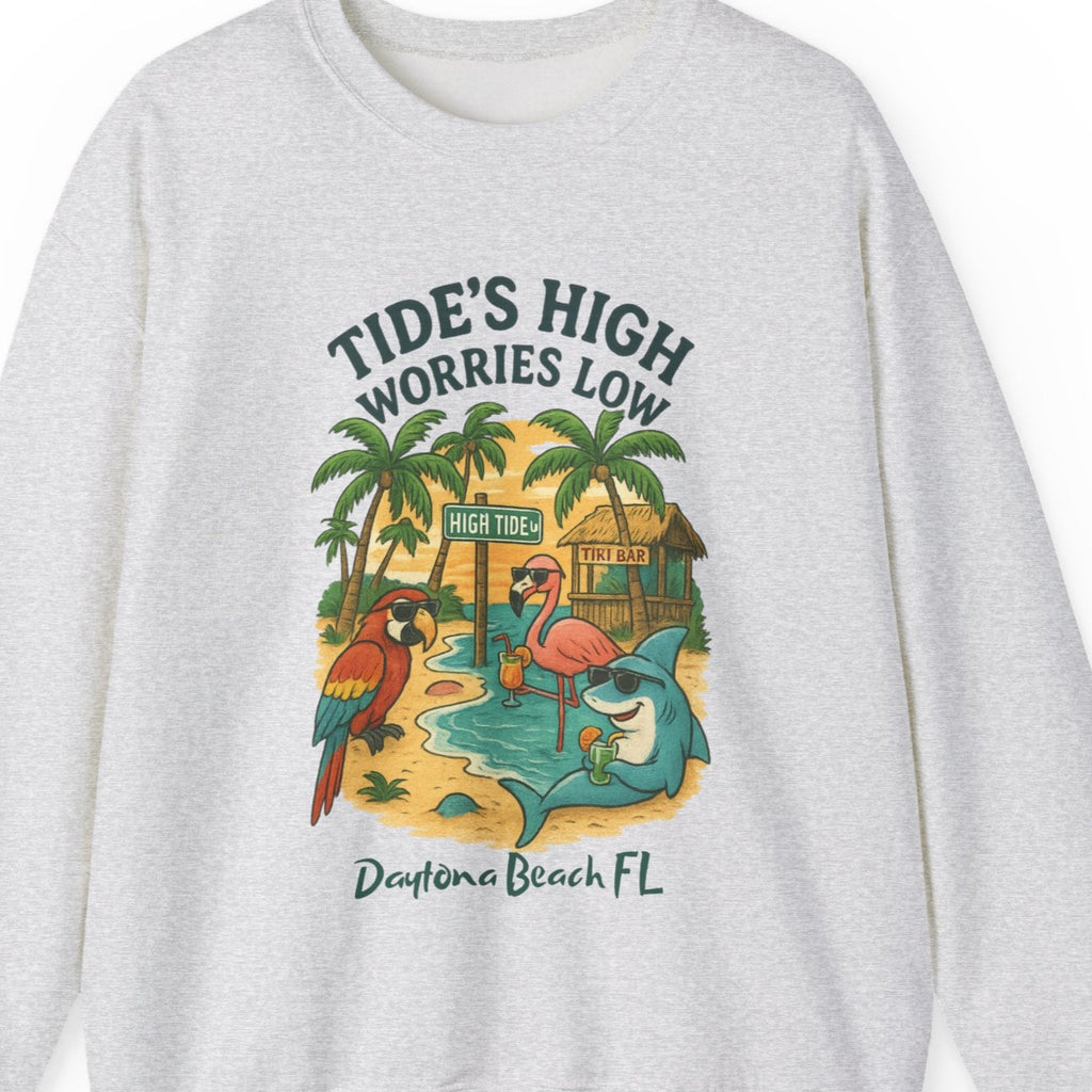 Gray sweatshirt with a colorful graphic and text on a white background