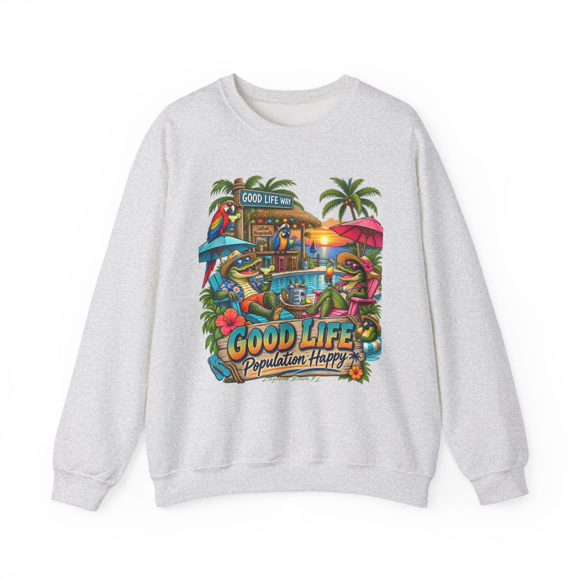 Good Life Beach Crewneck Sweatshirt – Tropical 'Good Life, Population: Happy' Graphic