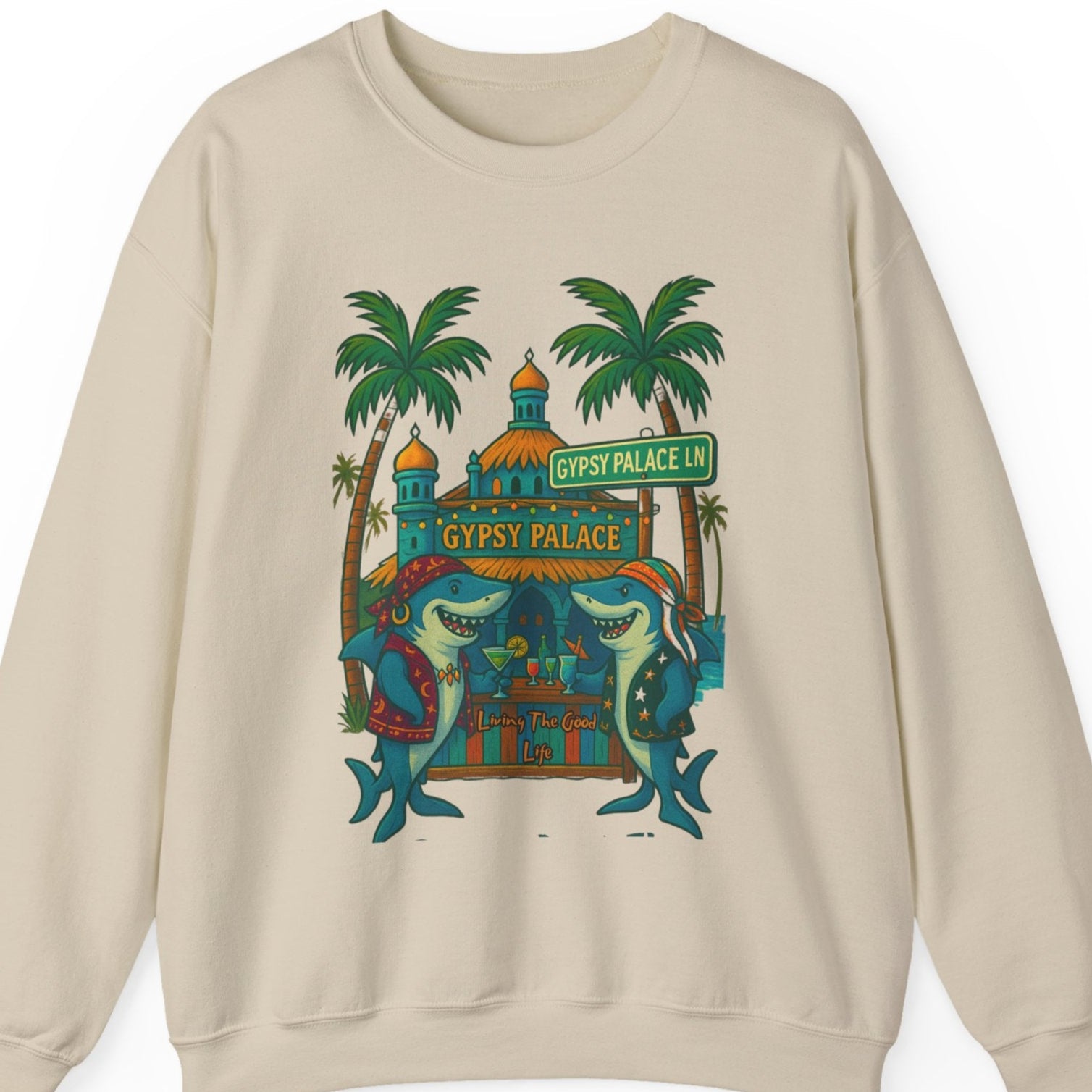 Beige sweatshirt with 'Gypsy Palace' graphic design on a white background