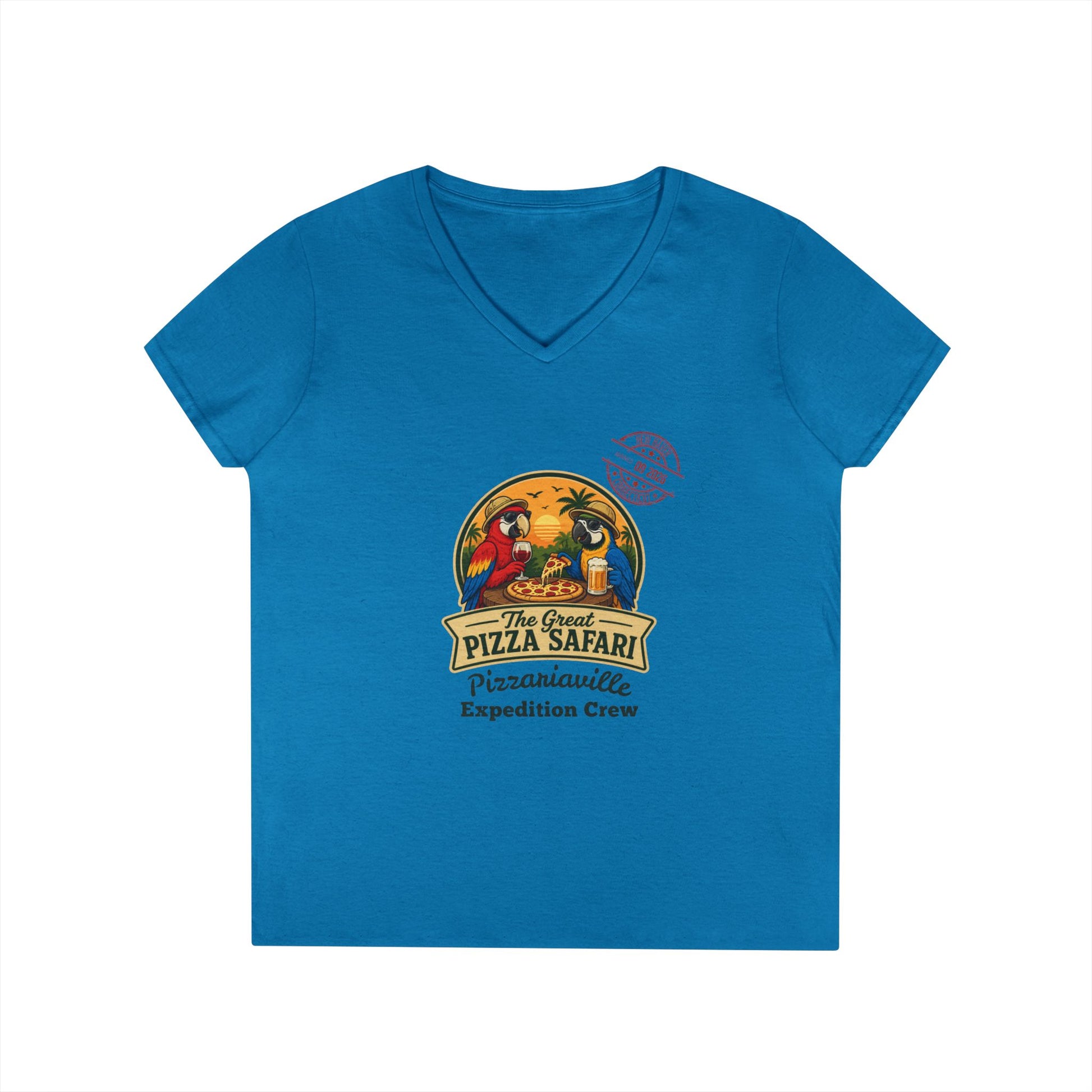 Pizza Safari Ladies' V-Neck T-Shirt — 'Pizzariaville Expedition Crew' Retro Travel Tee