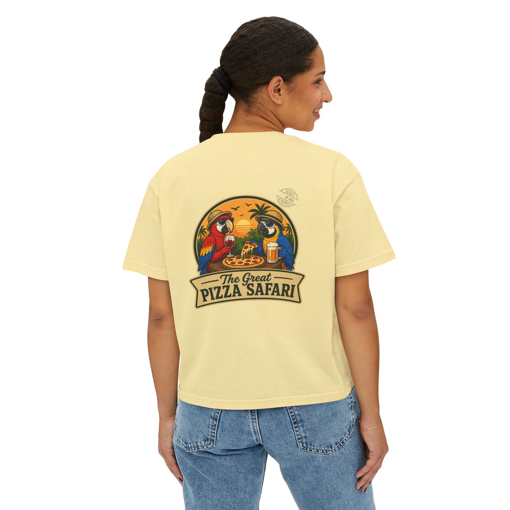 Women's Boxy Tee — The Great Pizza Safari Parrot Graphic T‑Shirt