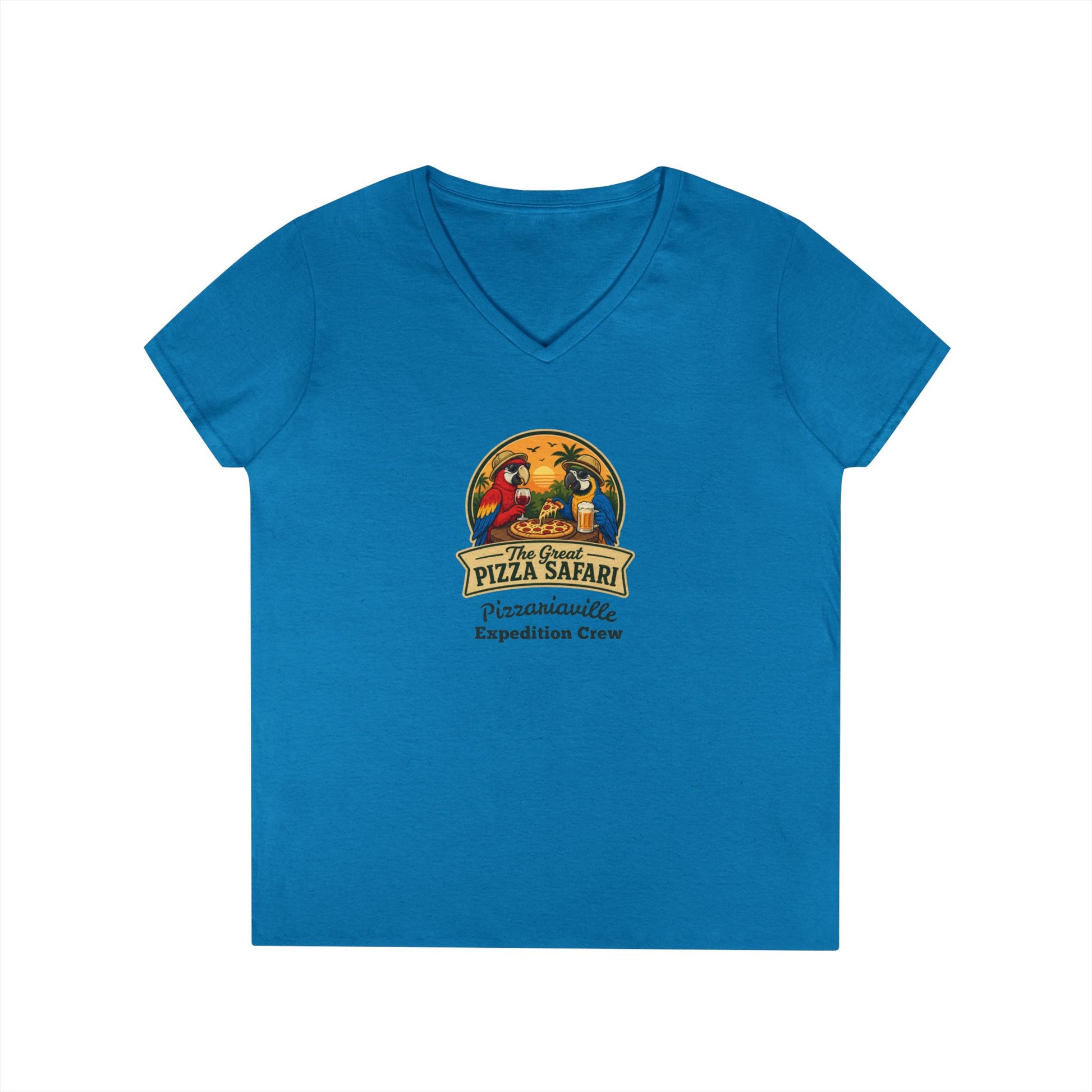 Pizza Safari Ladies' V-Neck T-Shirt — 'Pizzariaville Expedition Crew' Retro Travel Tee