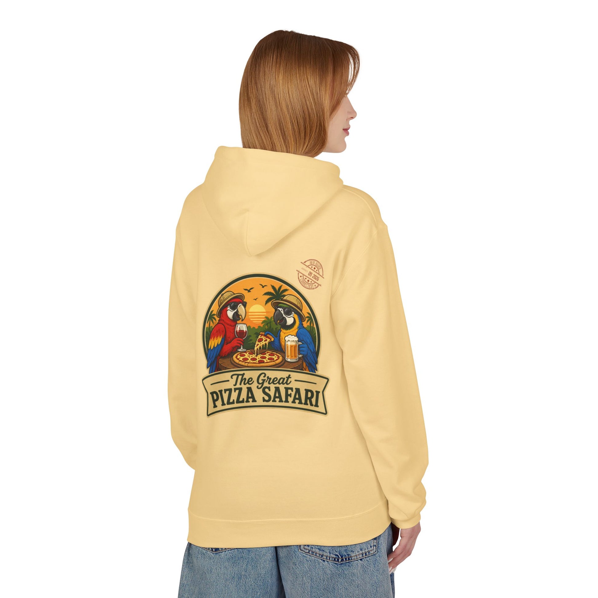 Pizza Safari Hoodie — "The Great Pizza Safari" Tropical Parrot Pizza Graphic