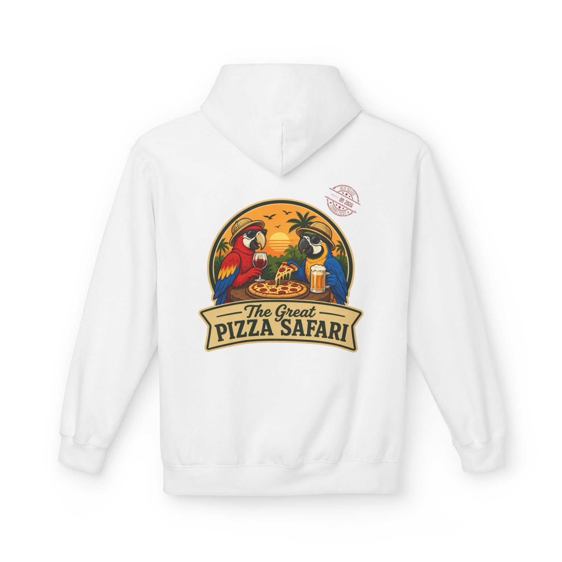 Pizza Safari Hoodie — "The Great Pizza Safari" Tropical Parrot Pizza Graphic
