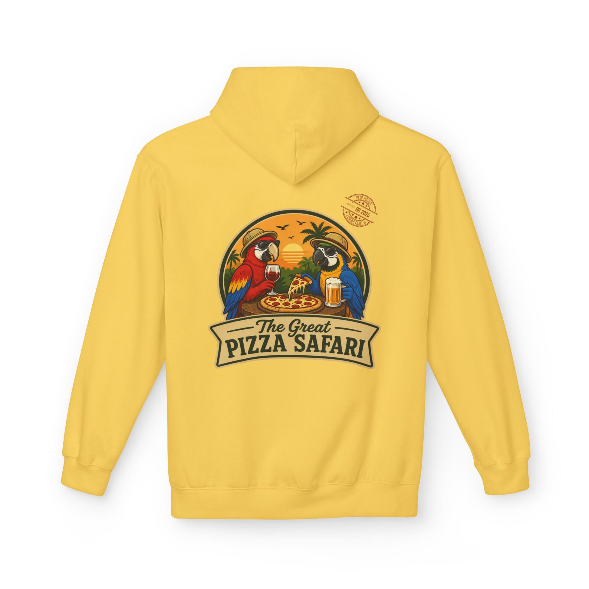 Pizza Safari Hoodie — "The Great Pizza Safari" Tropical Parrot Pizza Graphic