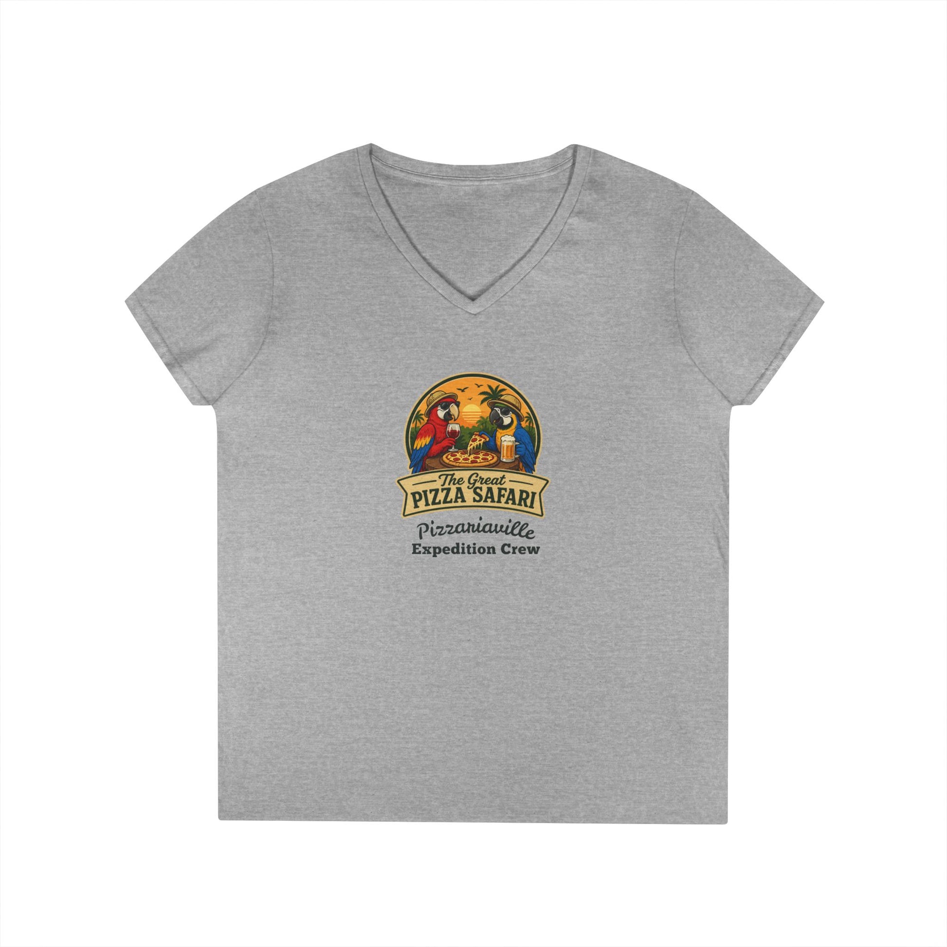 Pizza Safari Ladies' V-Neck T-Shirt — 'Pizzariaville Expedition Crew' Retro Travel Tee