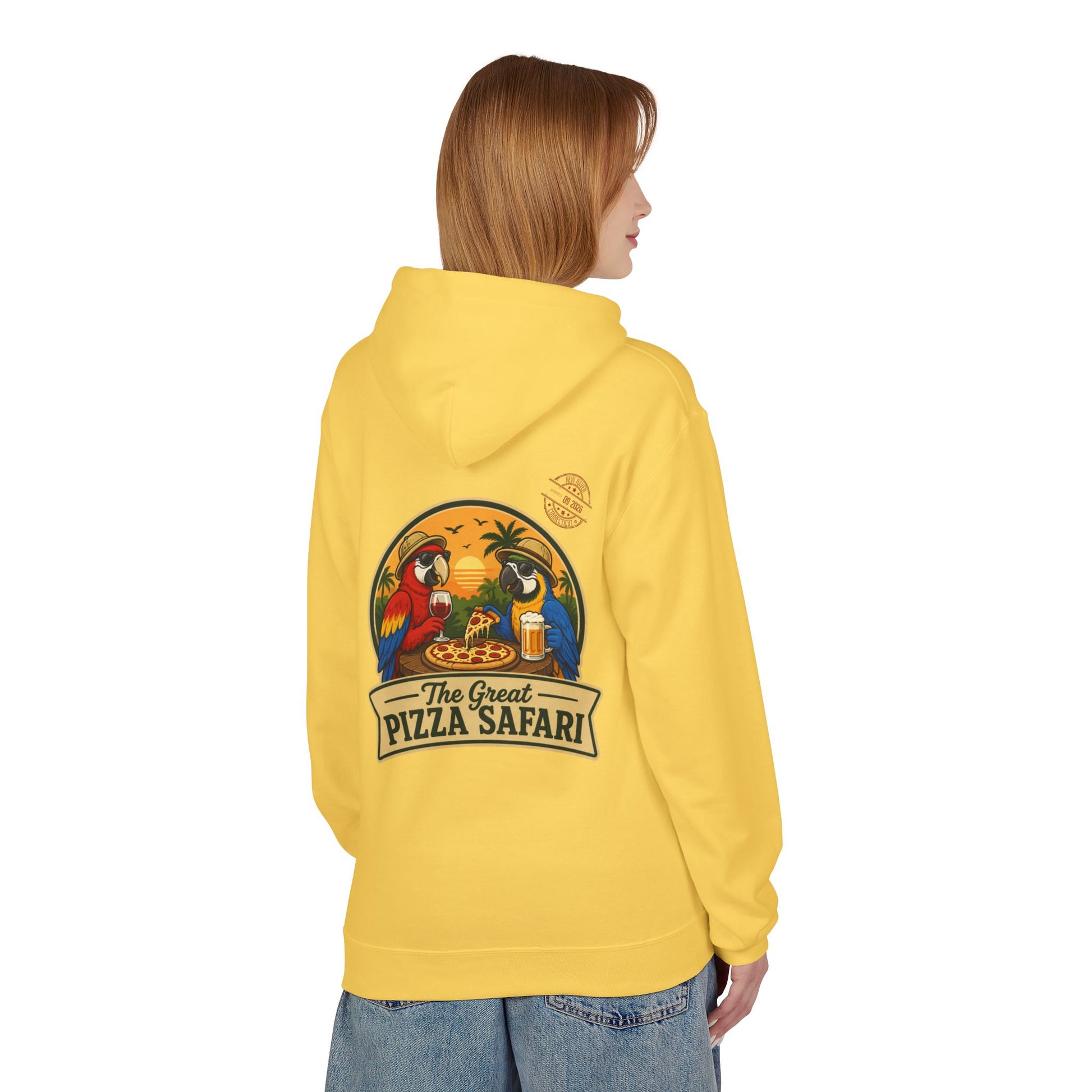 Pizza Safari Hoodie — "The Great Pizza Safari" Tropical Parrot Pizza Graphic