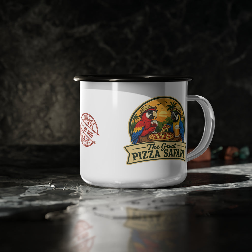 Enamel Camp Cup — "The Great Pizza Safari" Parrot Camping Mug