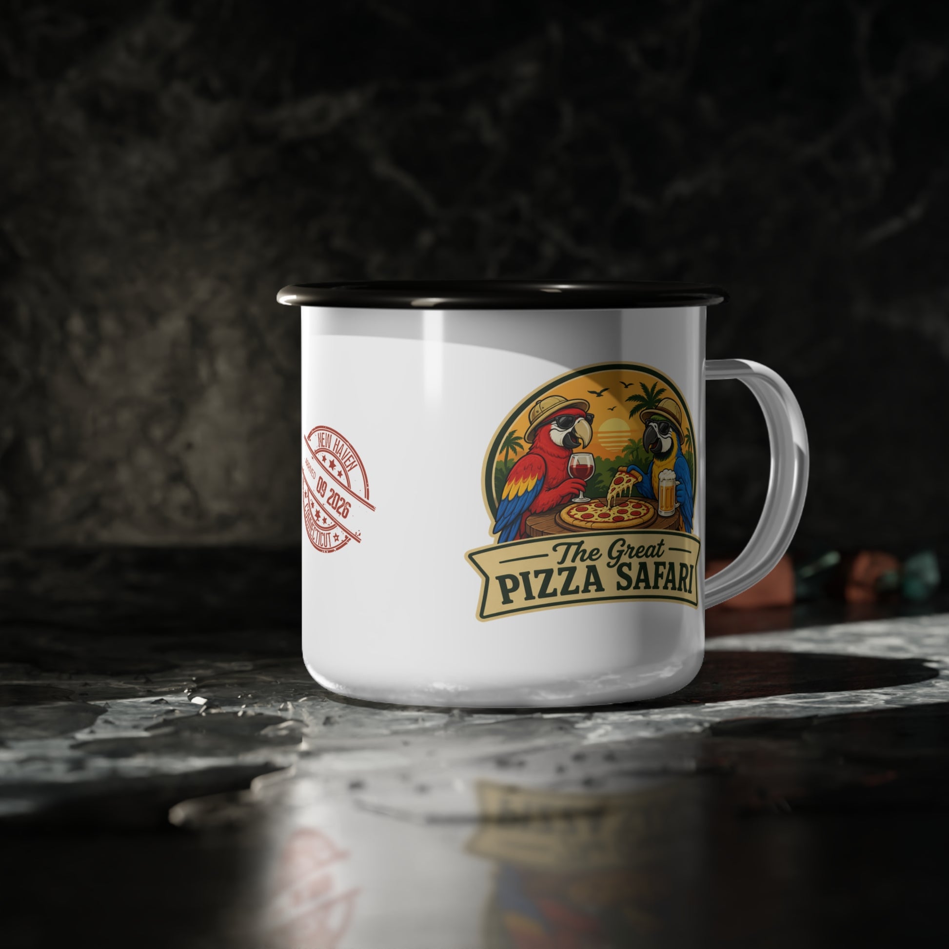 Enamel Camp Cup — "The Great Pizza Safari" Parrot Camping Mug