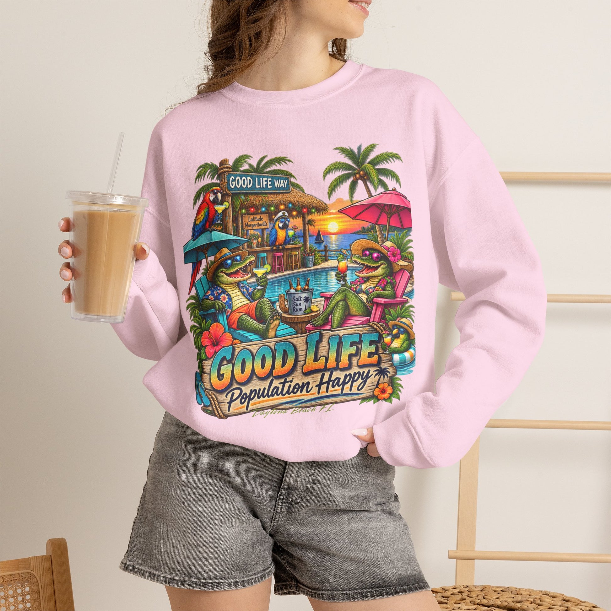 Good Life Beach Crewneck Sweatshirt – Tropical 'Good Life, Population: Happy' Graphic