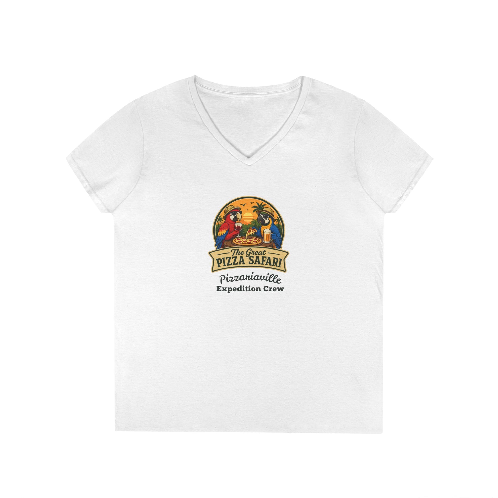 Pizza Safari Ladies' V-Neck T-Shirt — 'Pizzariaville Expedition Crew' Retro Travel Tee