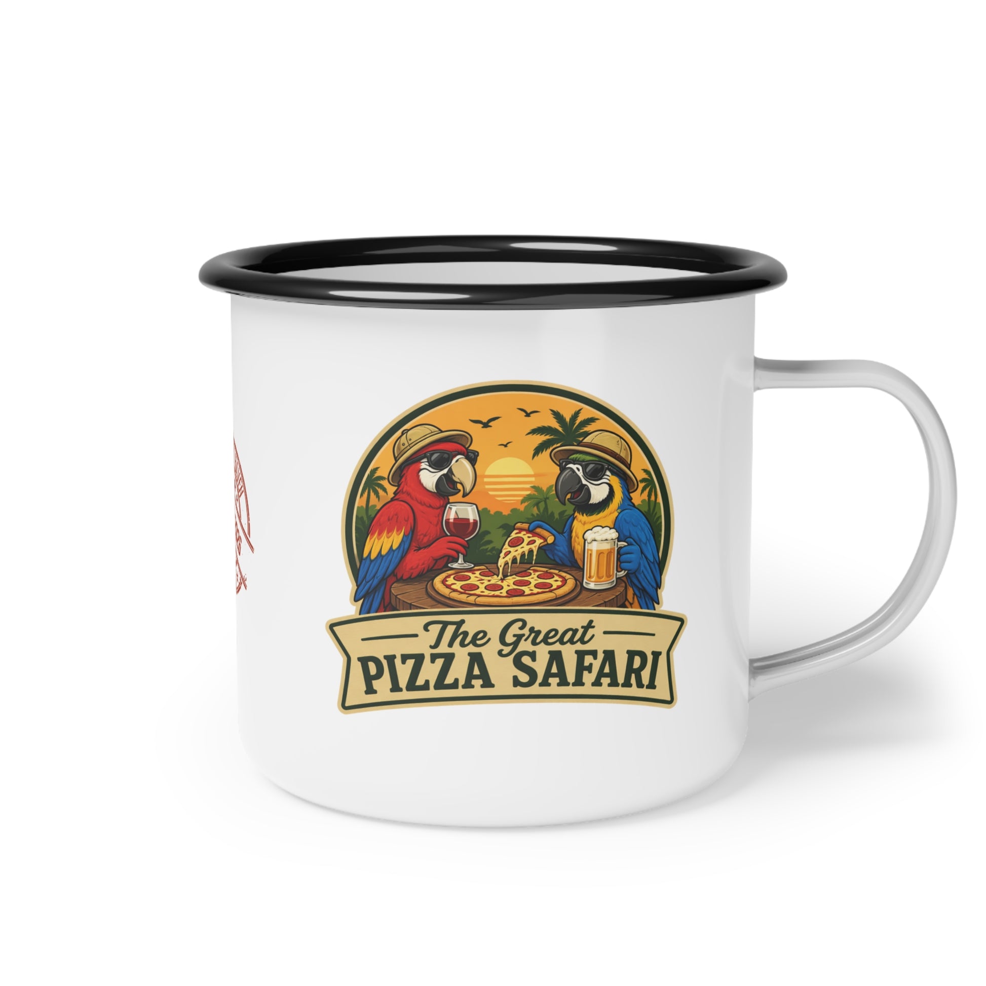 Enamel Camp Cup — "The Great Pizza Safari" Parrot Camping Mug