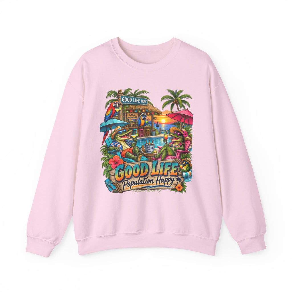 Good Life Beach Crewneck Sweatshirt – Tropical 'Good Life, Population: Happy' Graphic