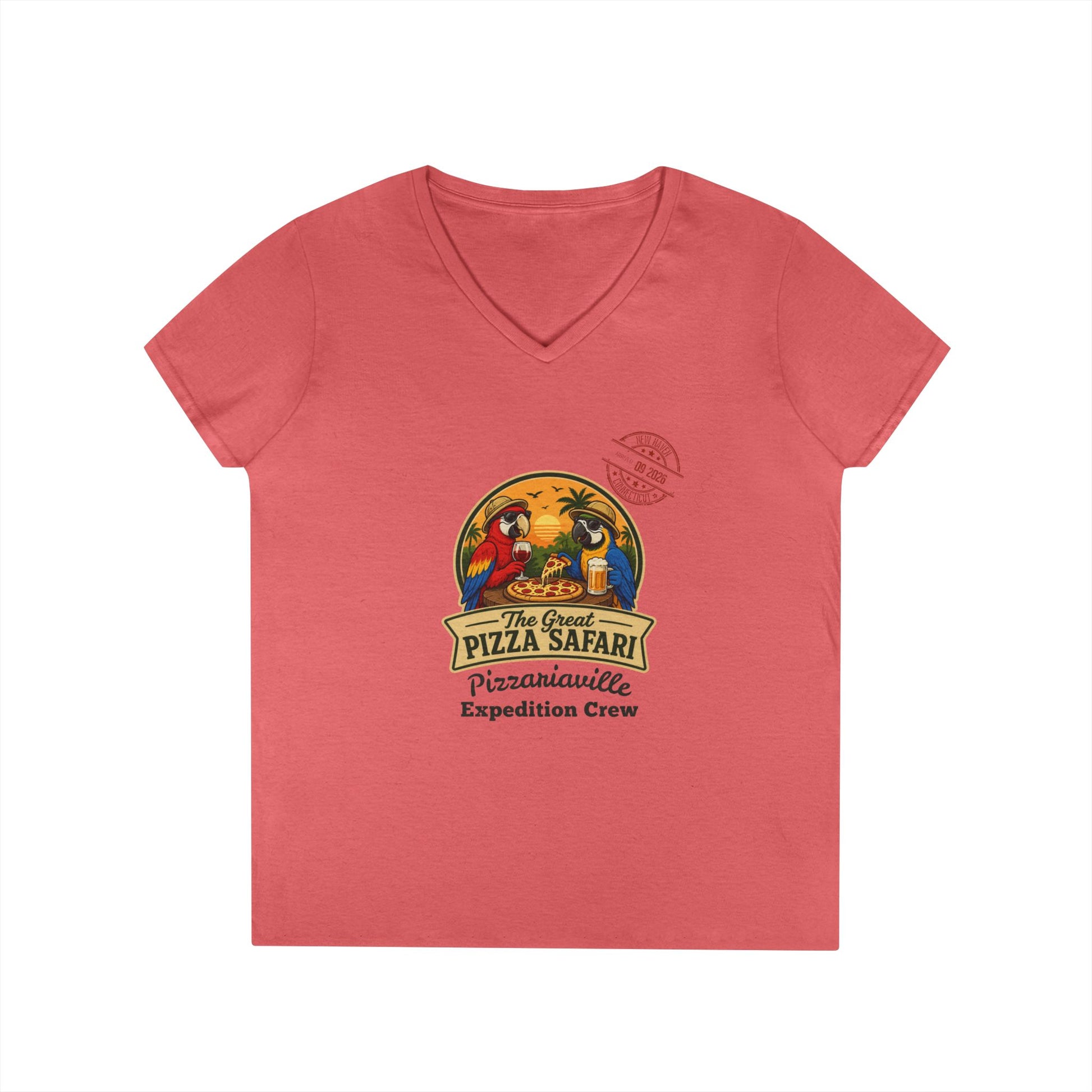 Pizza Safari Ladies' V-Neck T-Shirt — 'Pizzariaville Expedition Crew' Retro Travel Tee