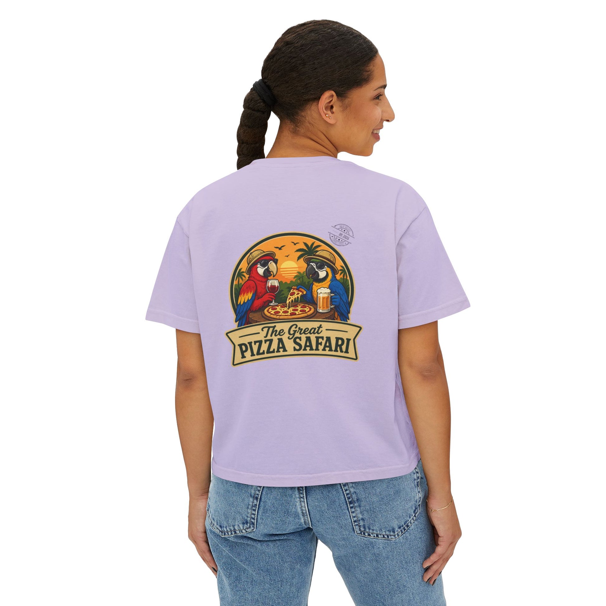 Women's Boxy Tee — The Great Pizza Safari Parrot Graphic T‑Shirt