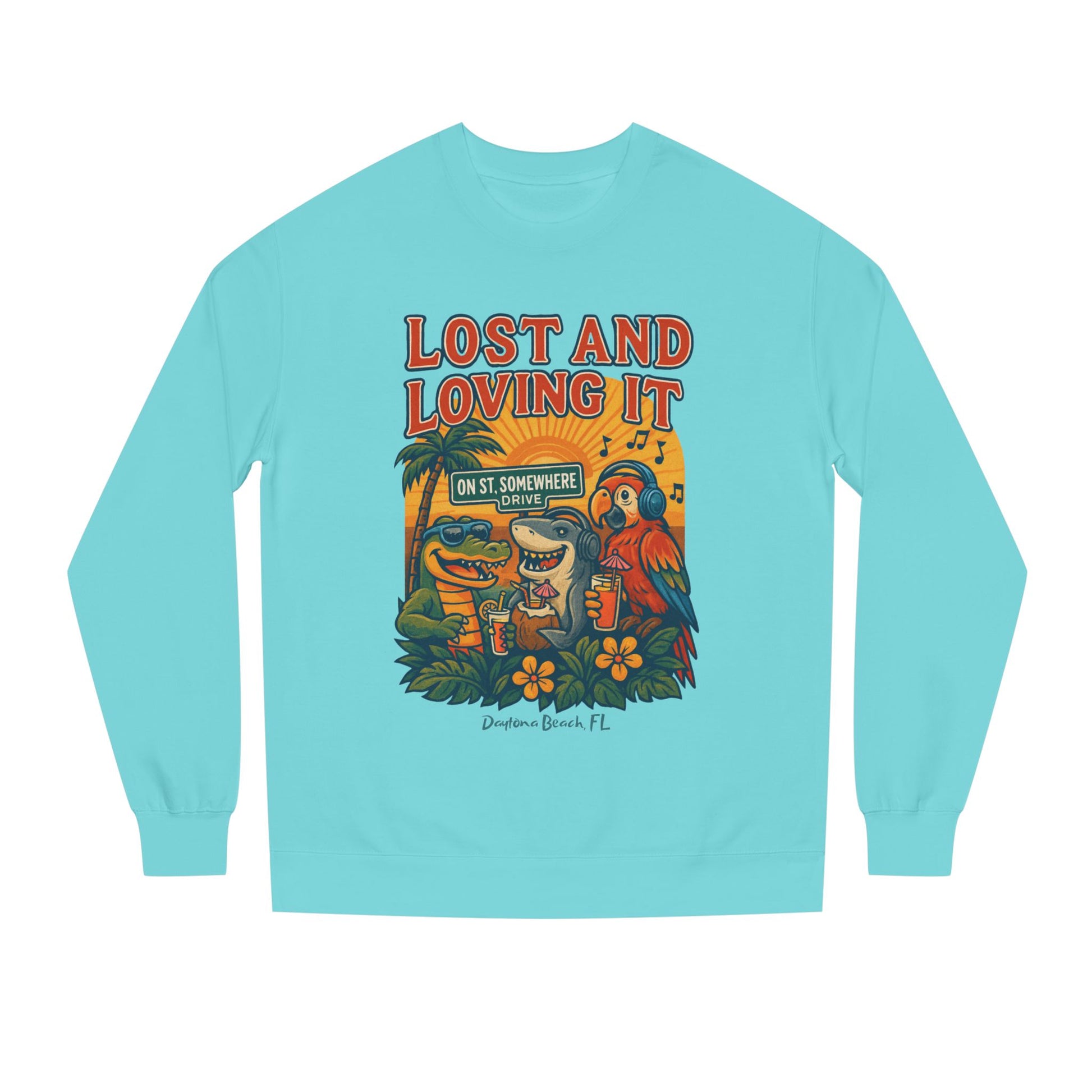 St. Somewhere Dr. Lost and Loving It Crewneck Sweatshirt — Tropical Parrot & Shark Vacation Graphic
