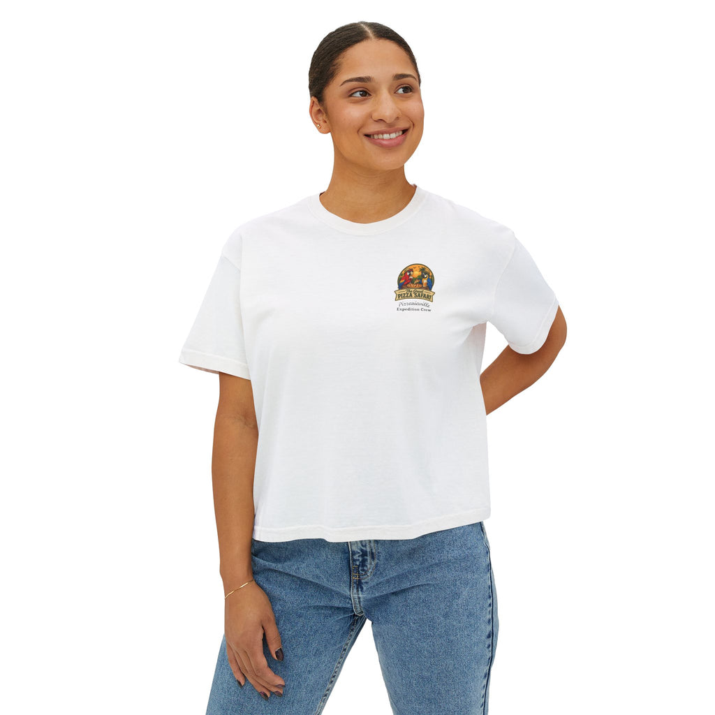 Women's Boxy Tee — The Great Pizza Safari Parrot Graphic T‑Shirt