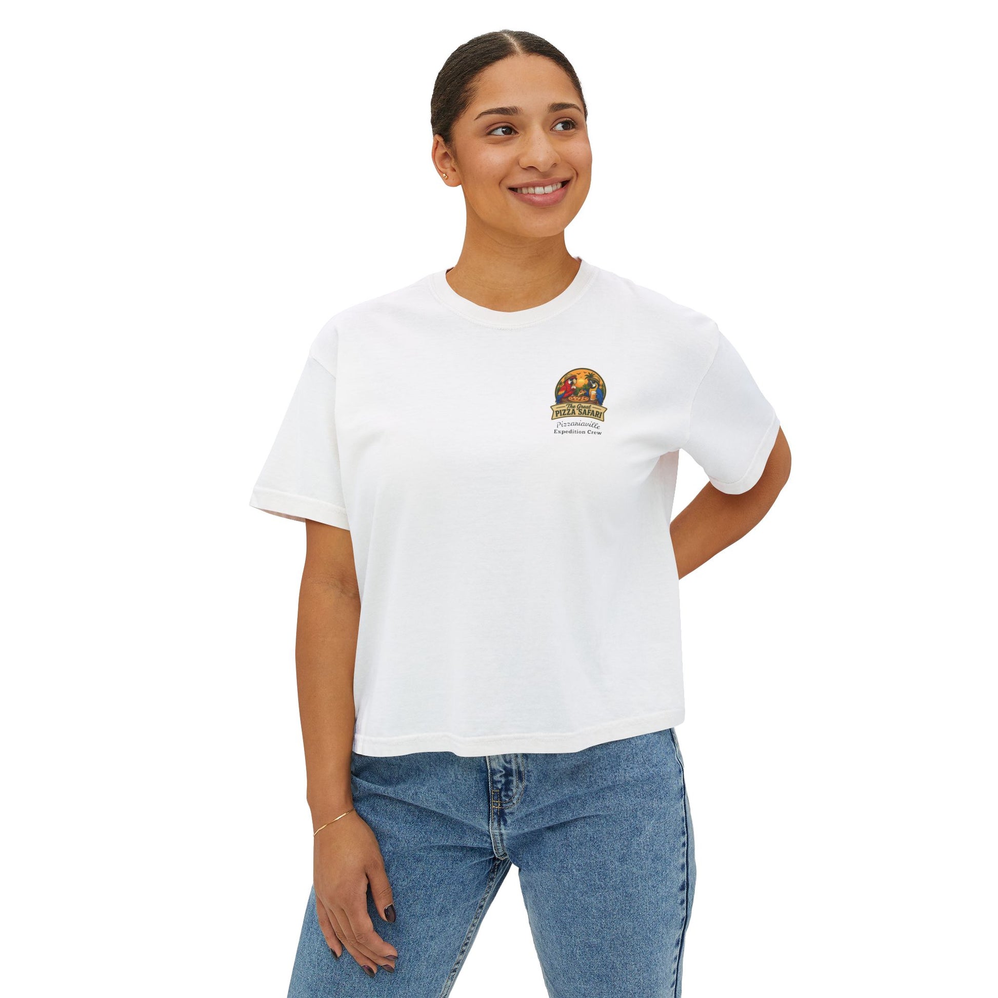 Women's Boxy Tee — The Great Pizza Safari Parrot Graphic T‑Shirt