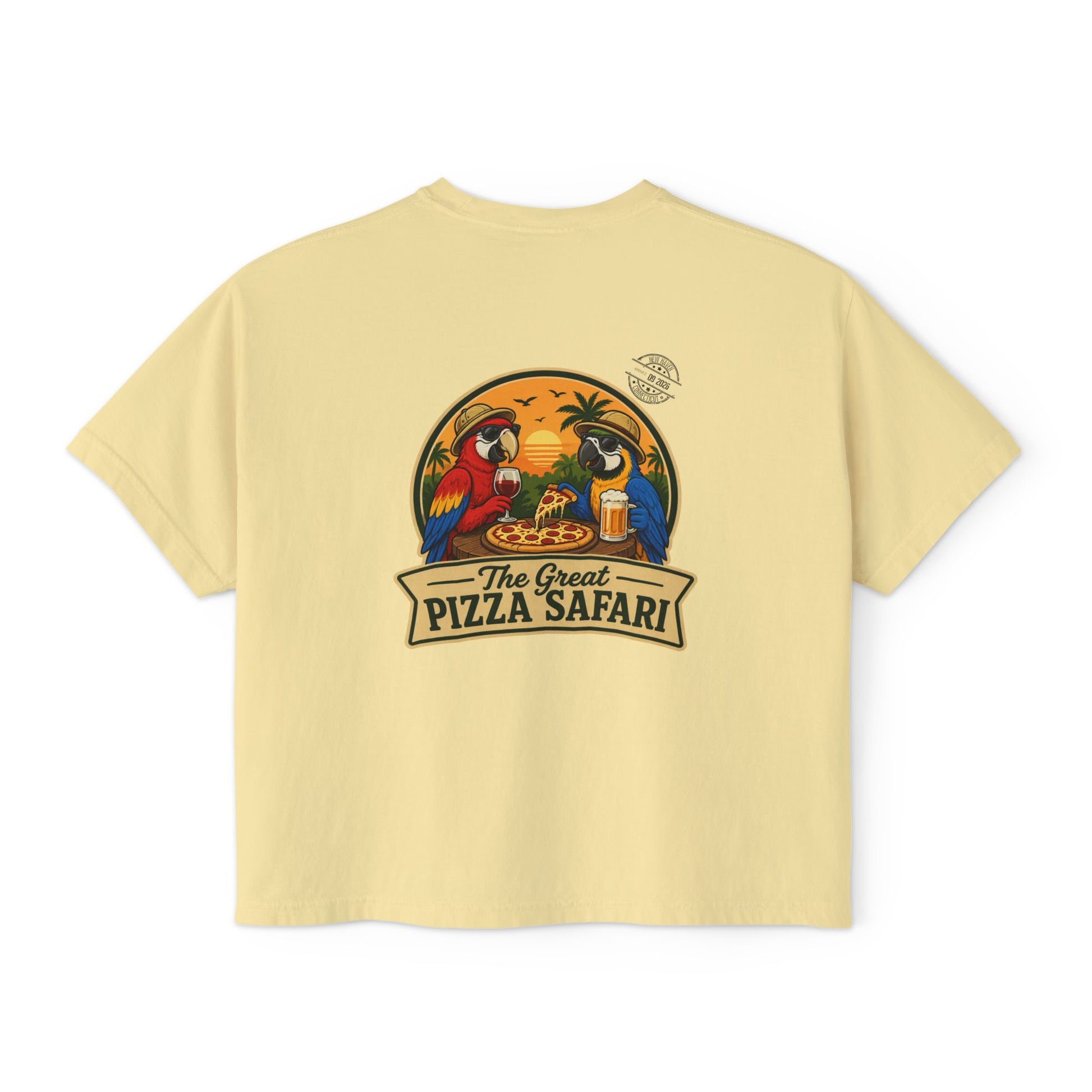 Women's Boxy Tee — The Great Pizza Safari Parrot Graphic T‑Shirt