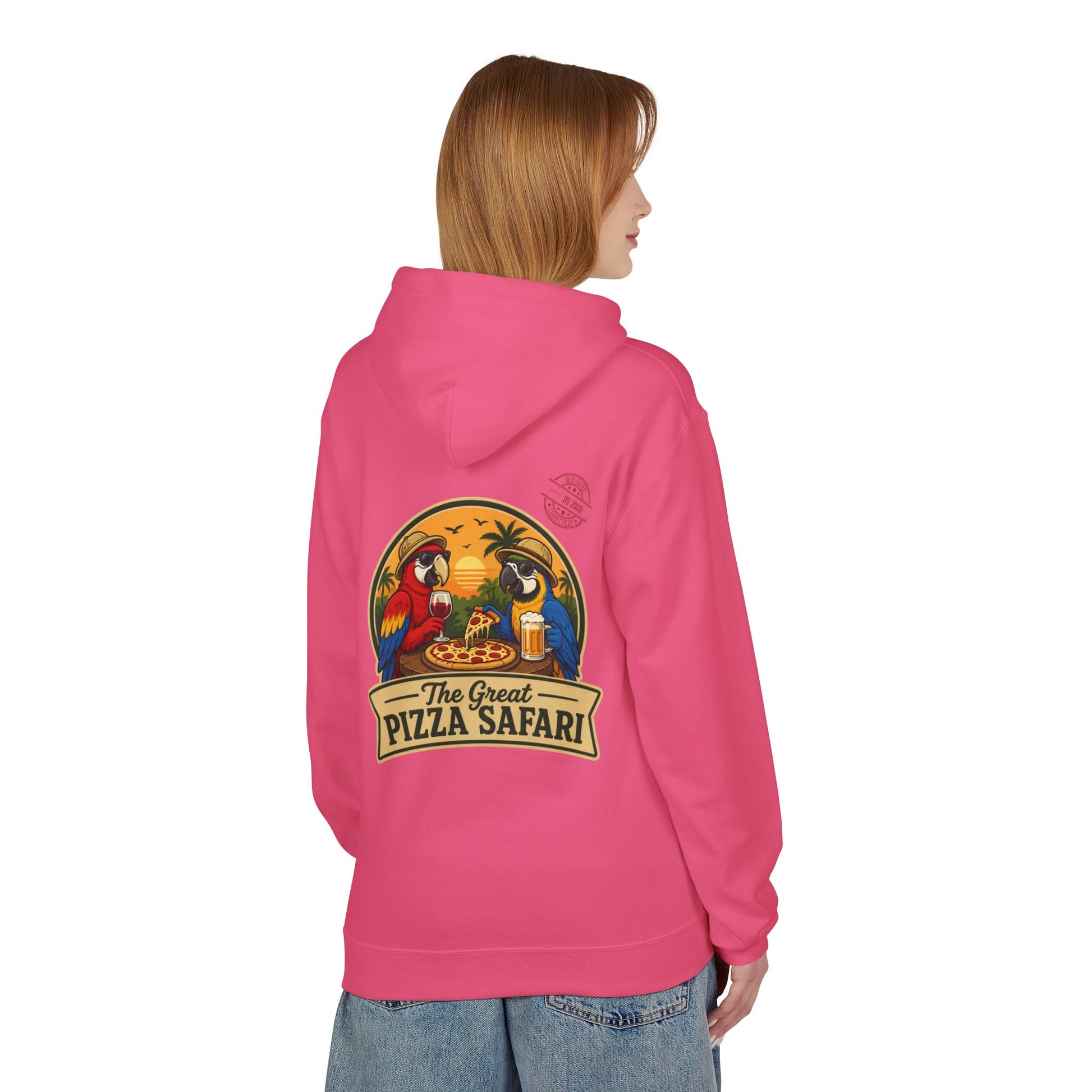 Pizza Safari Hoodie — "The Great Pizza Safari" Tropical Parrot Pizza Graphic