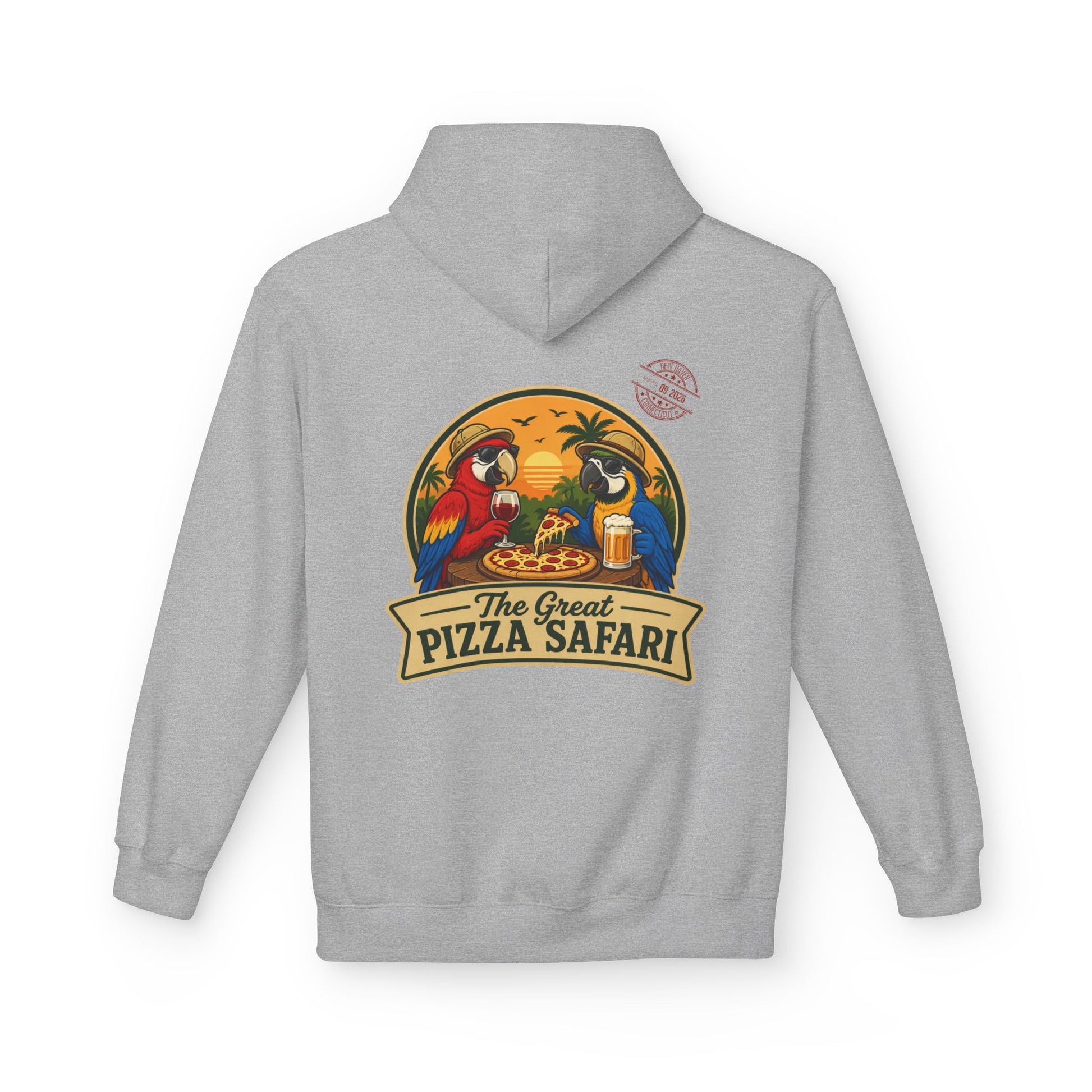 Pizza Safari Hoodie — "The Great Pizza Safari" Tropical Parrot Pizza Graphic
