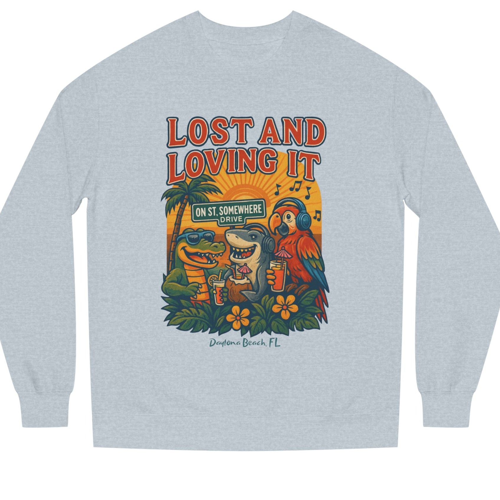 Gray long-sleeve shirt with a colorful graphic and text on the back